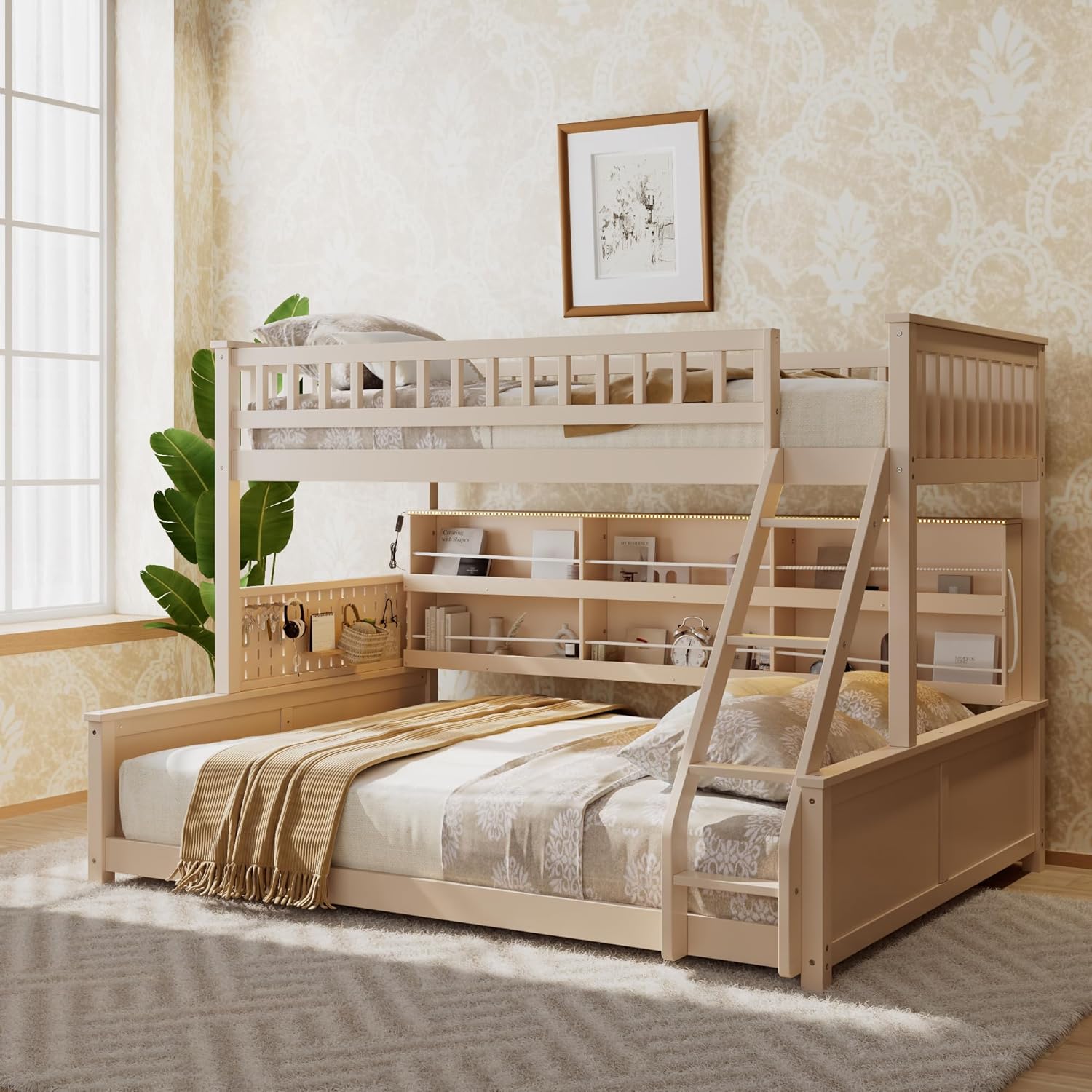 Harper & Bright Designs Twin XL Over Queen Bunk Bed with Integrated Shelving, Color-Changing Lights and Pegboard, Beige