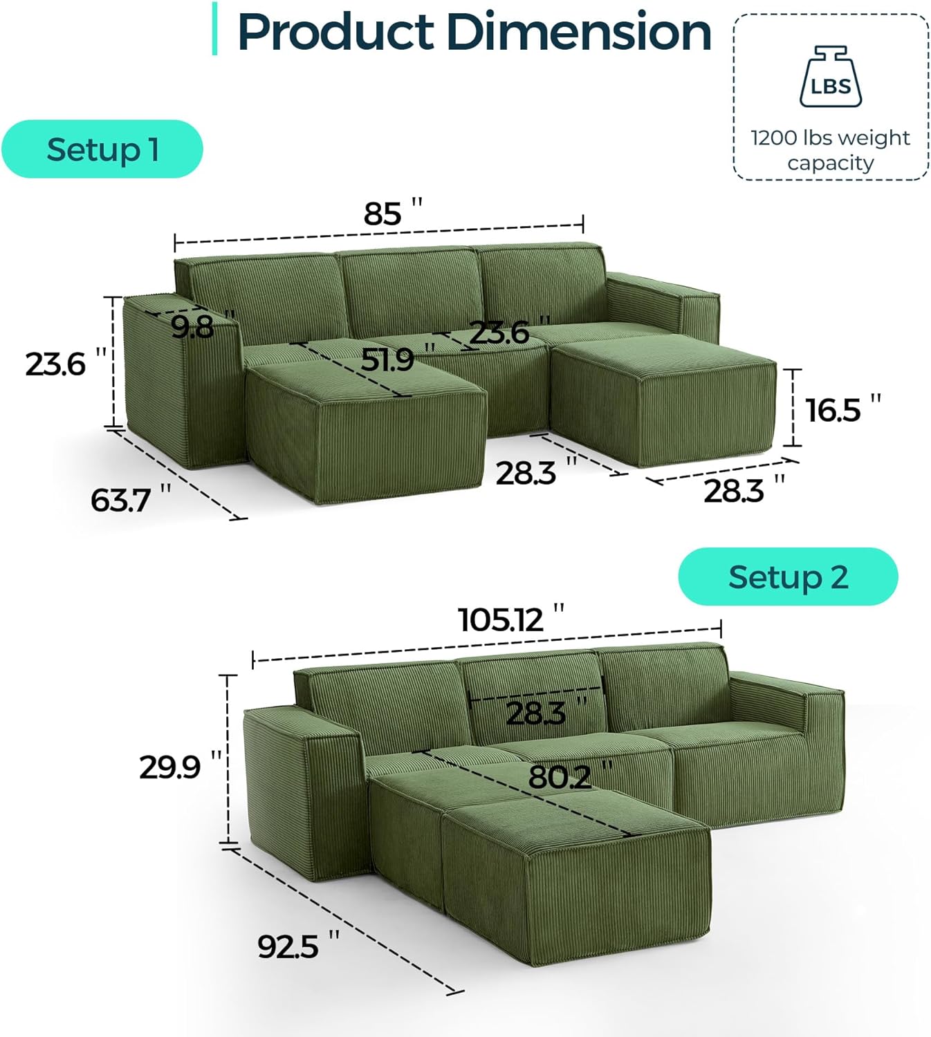LINSY HOME Modular Sectional Sofa, 105" Boneless Couch U Shaped 3-Seat Sofa with 2 Ottomans, Corduroy Sectional Cloud Couches for Living Room, No Assembly Required, Green 3 Seats with 2 Ottomans Green