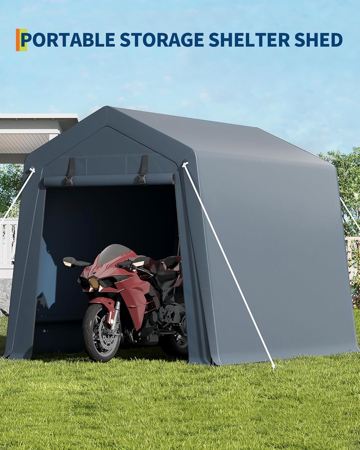 GarveeLife 6x6 ft Portable Outdoor Storage Shed with Roll-Up Zipper Door & Vent, 240G Heavy-Duty Shelter Waterproof PE Tarp, UV-Resistant Carport for Motorcycle, Firewood, Tools -Gray - Image 5