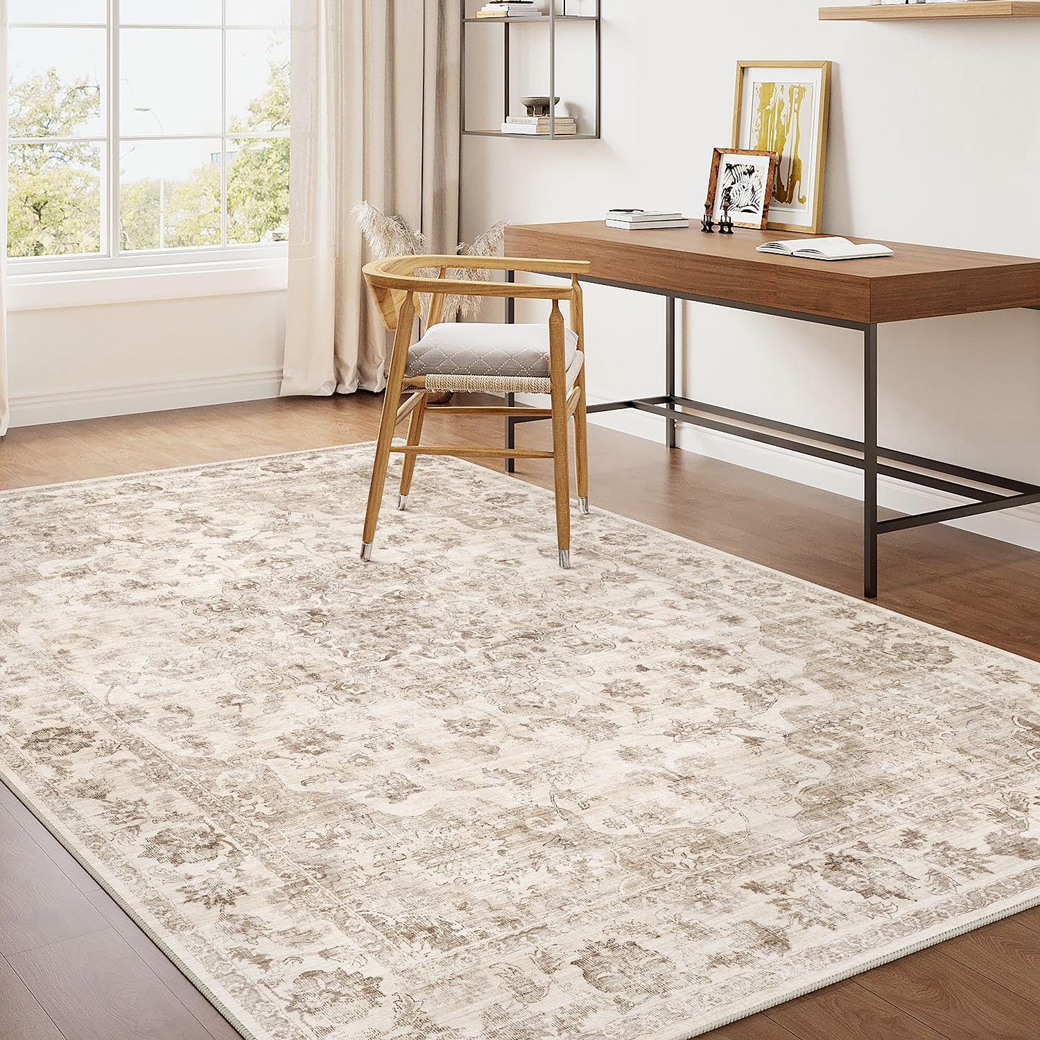 WondRg 4x5 Washable Neutral Area Rug Beige Vintage Entryway Office Carpet Non-Slip Soft Low Pile Floral Indoor Throw Rug for Living Room Bathroom Dining Room