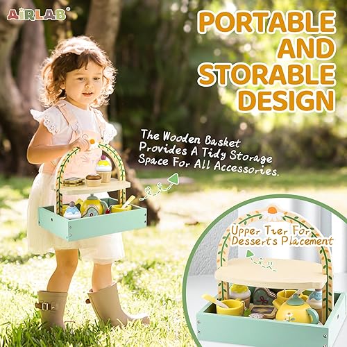 Miniatura 3 de Juego de té de madera para niñas pequeñas, juego de té con soporte para cupcakes y accesorios de cocina de alimentos, juguetes de madera para niños