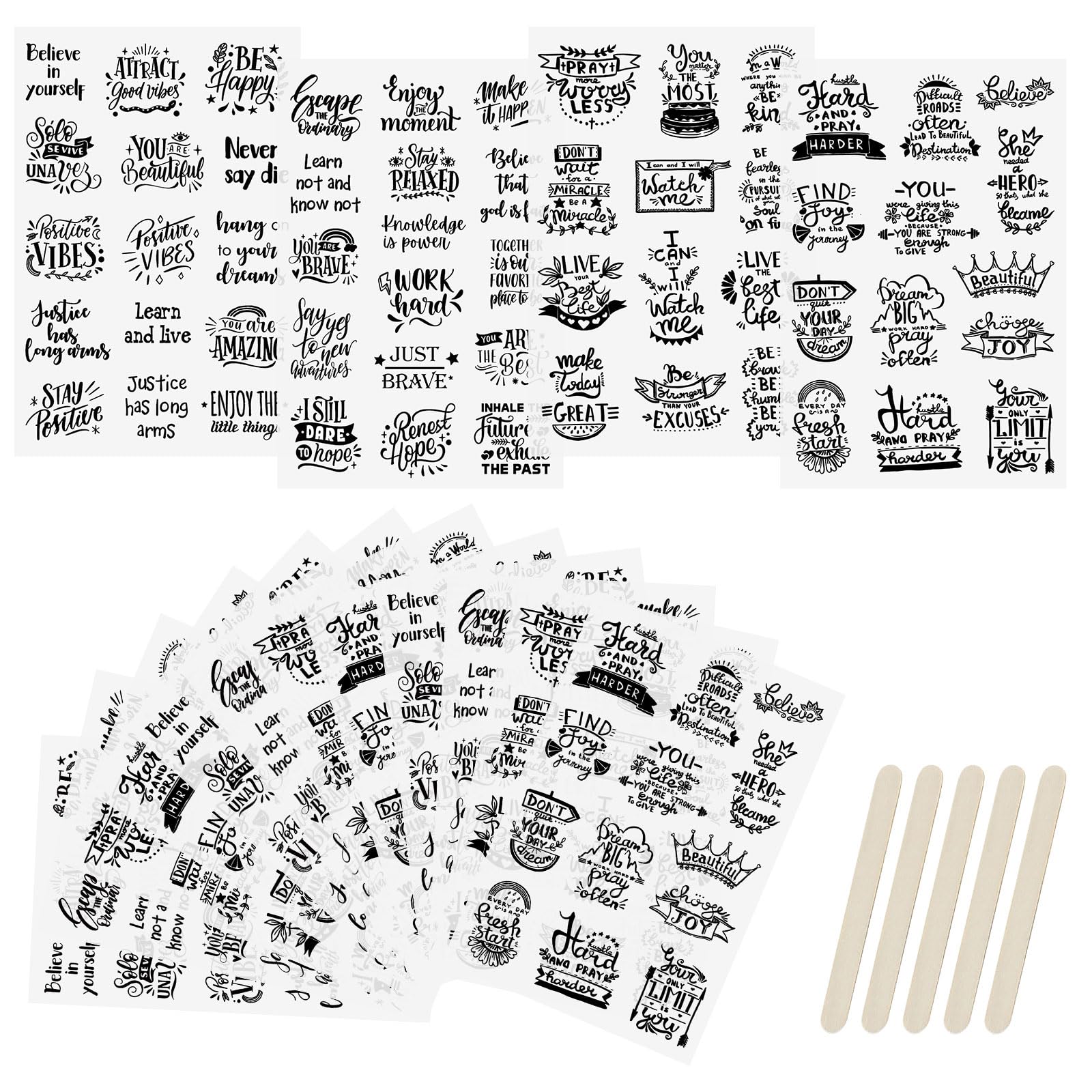 WANDIC 16 Sheets Rub On Transfer Sticker, Black Encouragement Theme Transfer Decals Inspiring DIY Scrapbook Stickers for Greeting Cards Gift Wrapping Decoration,4 * 6in