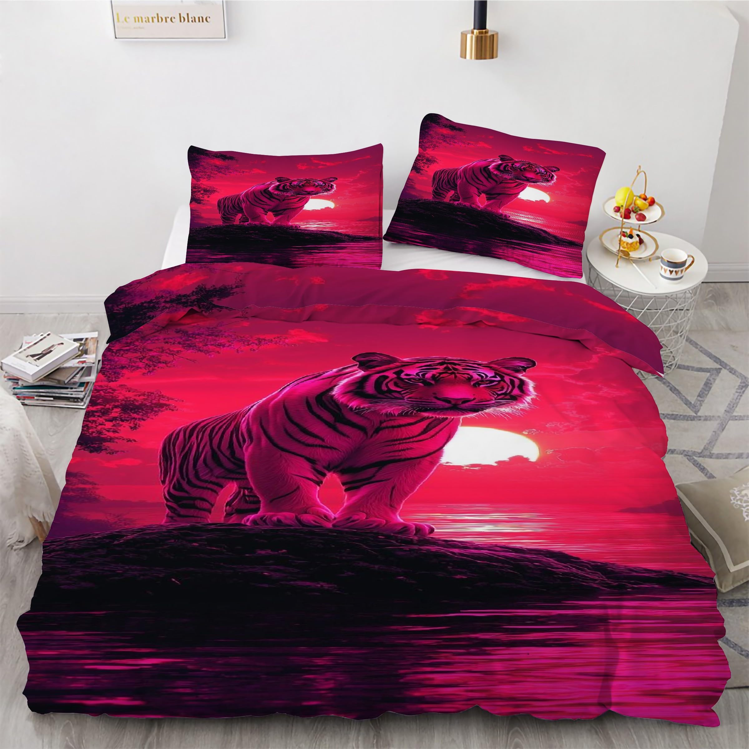 Housse de couette tigre 240x260 parure de lit coucher de soleil reversible microfibre