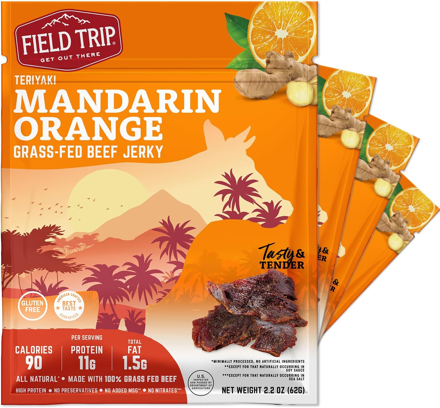 Grass Fed Beef Jerky, Healthy Gluten Free Snacks, All Natural, Paleo-Friendly Beef Jerky, High Protein, Low Carb Snack with No Nitrates, 2.2oz Bag, 4 Pack, Mandarin Orange Teriyaki