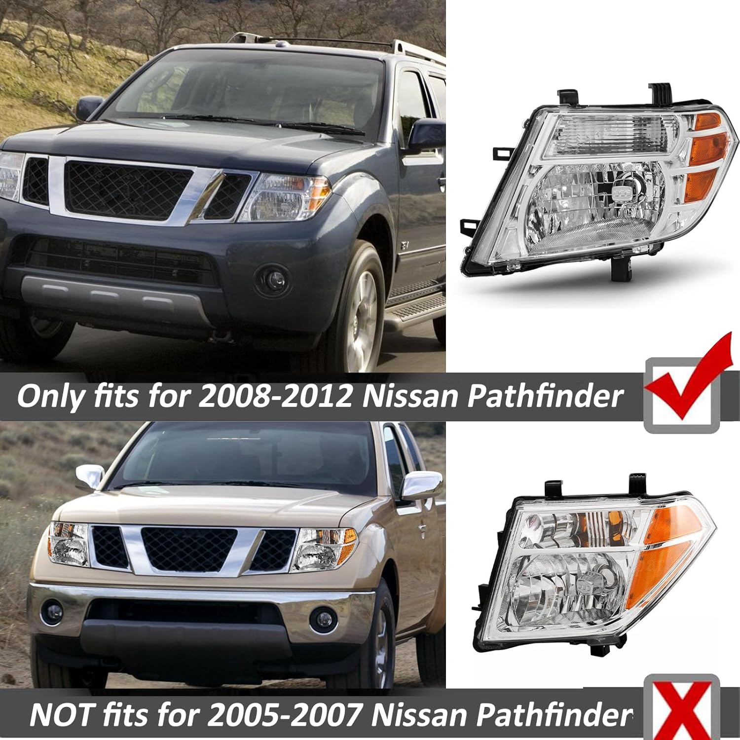 Headlights Assembly compatible with 2008 2009 2010 2011 2012 Pathfinder Halogen Head light Headlamp Replacement, Chrome Housing Amber Corner