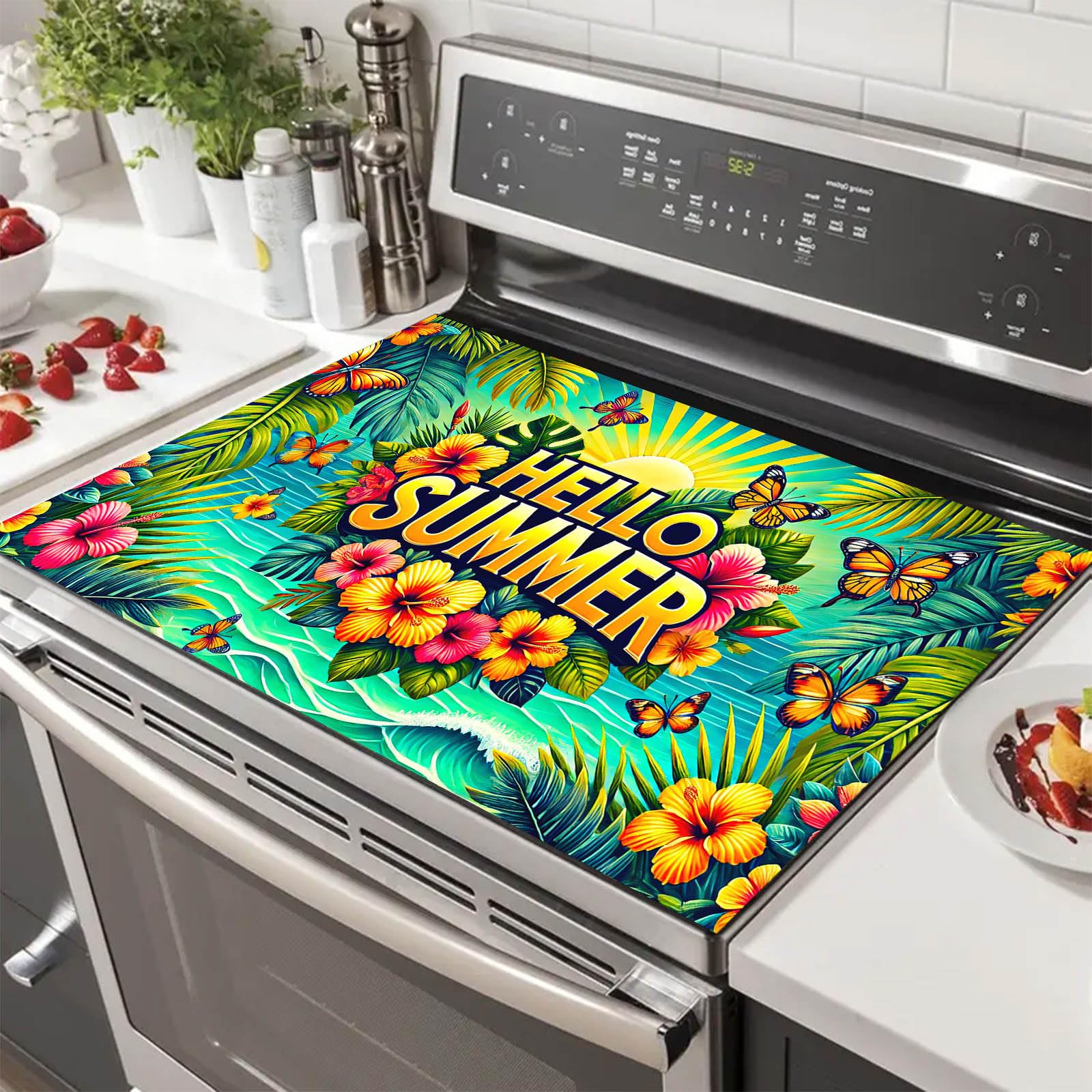 HOMETITUTE Hello Summer Stove Top Cover 28x20 Tropical Flower Palm Heat Resistant