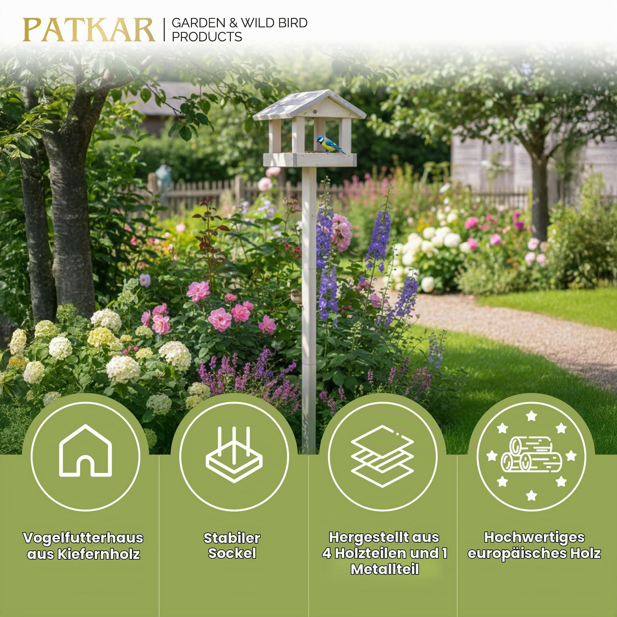PATKAR Vogelhaus Futterhaus für Vögel mit Ständer aus Kieferholz - Vogelfutterhaus Vogelfutterstation für Singvögel Wildvögel Vogel Futterstation + 500g Futter Gratis