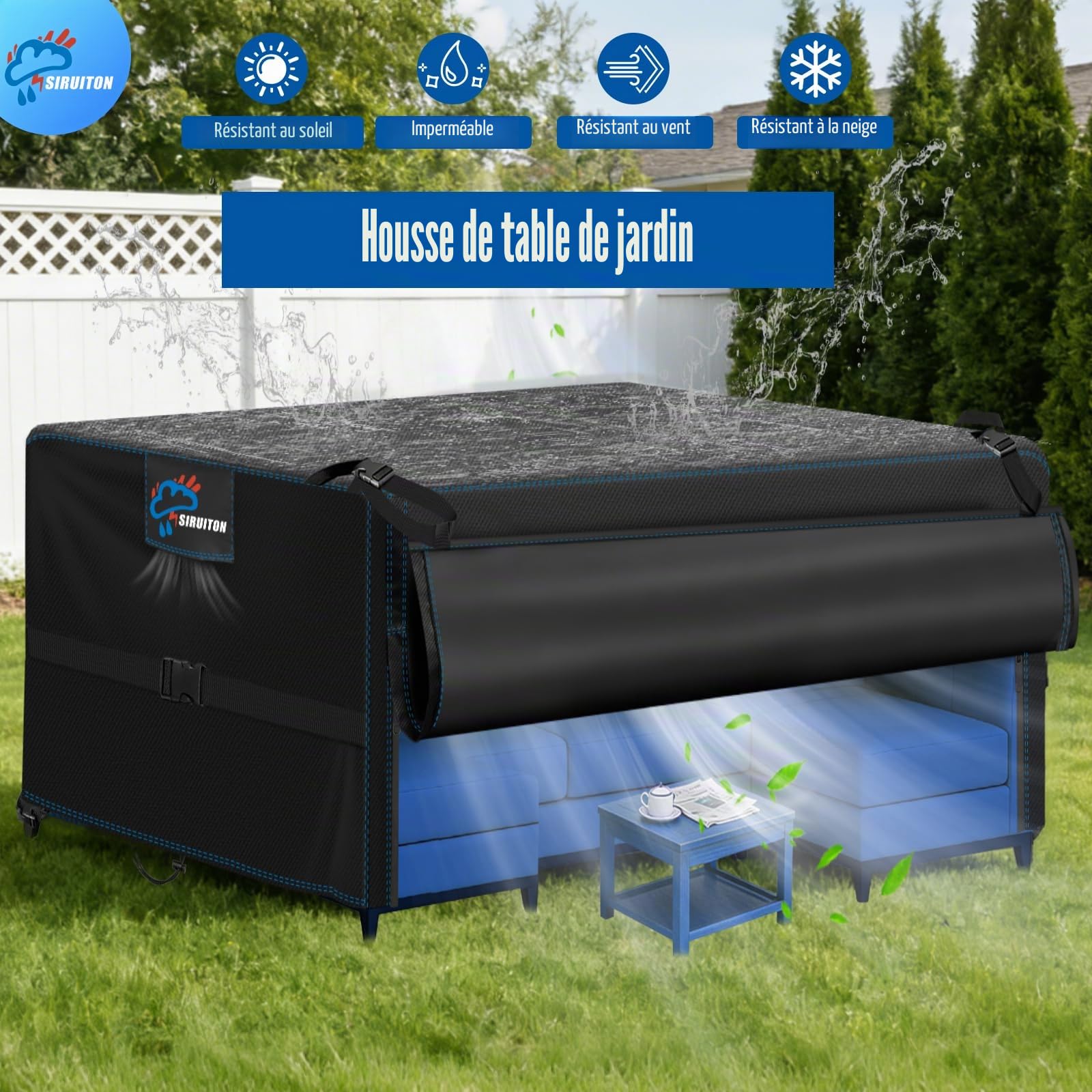 SIRUITON Housse de Meubles de Jardin imperméable et indéchirable 500D avec Fermeture éclair,résistante au Vent et aux UV - 220x120x74cm