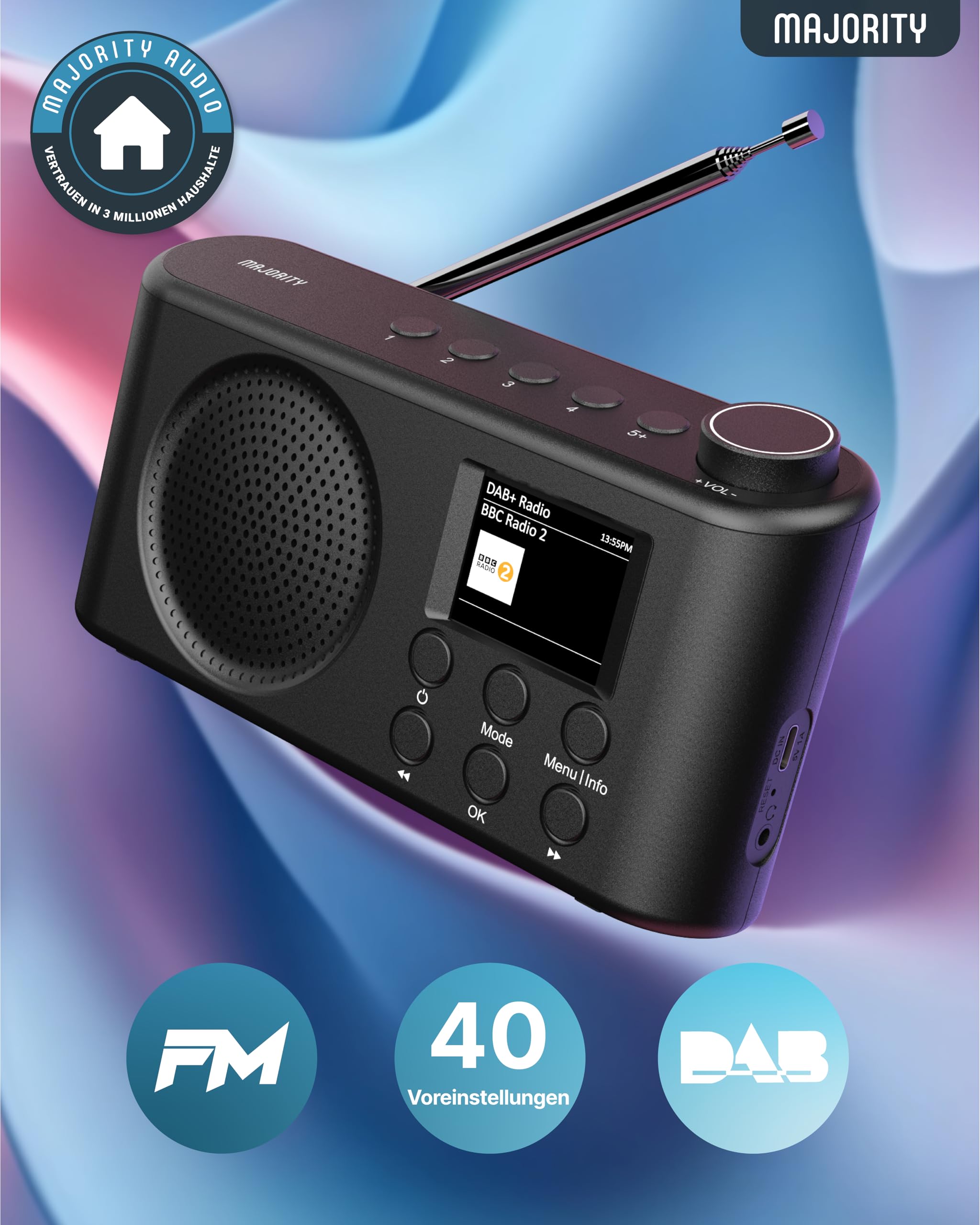 MAJORITY Orwell Pro DAB Plus Radio | Küchenradio DAB+ & UKW | Mini Radio mit Bluetooth 5.2 | Kofferradio Akku mit 15 Stunden Akkulaufzeit | Digitalradio mit 40 Voreinstellungen für Küche und Büro