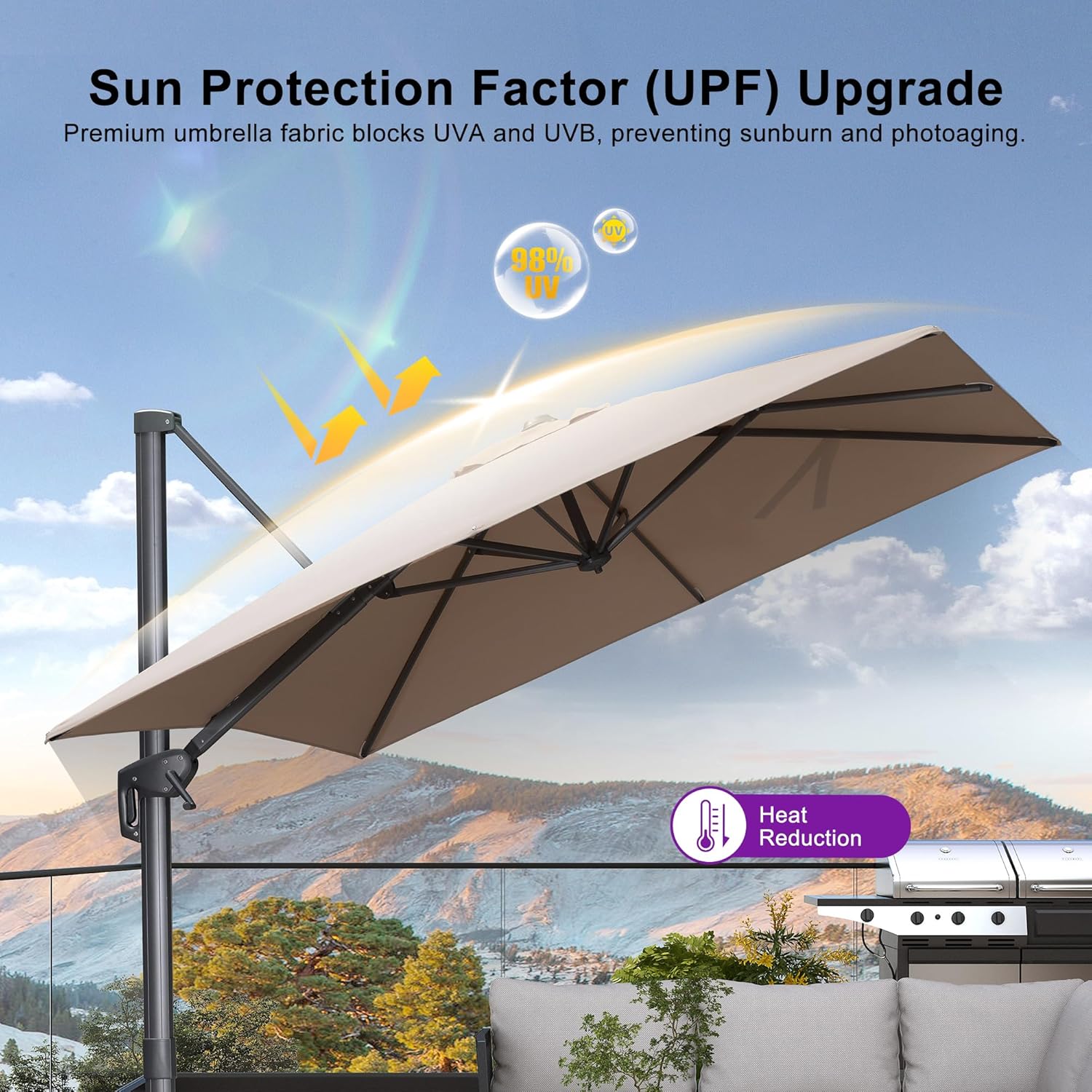 PURPLE LEAF Patio Umbrella 8' X 8' Rectangle Cantilever Umbrella Large Aluminum Outdoor Umbrellas with 360-degree Rotation & UPF40+ Premium Fabric for Deck Pool Garden Yard, Sand Dune