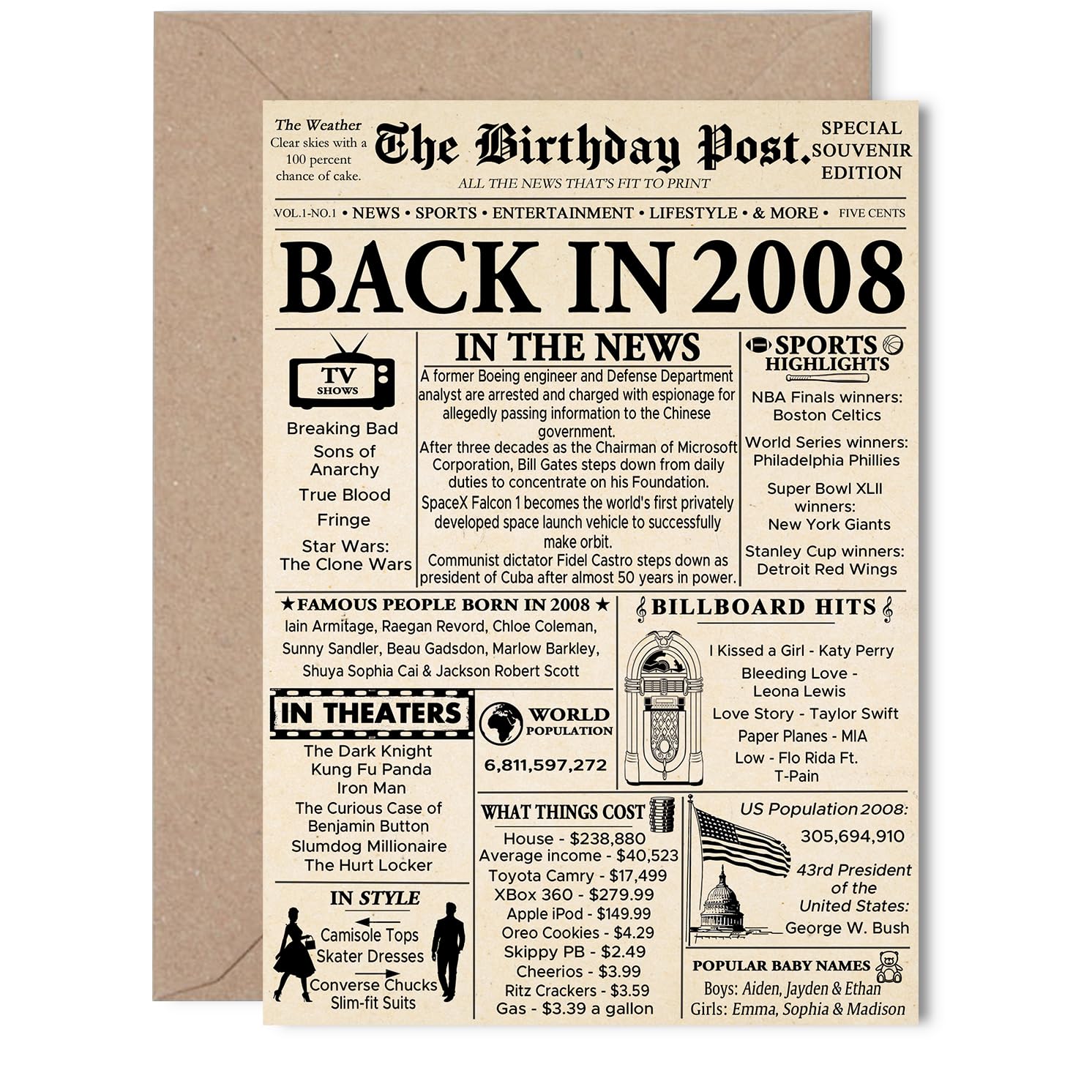 17th Birthday Card for Boys Girls - Newspaper Back in 2008 - Happy 17 Birthday Cards for Cousin Niece Son Sister Daughter Nephew, 5x7 Inch Bday Greeting Cards