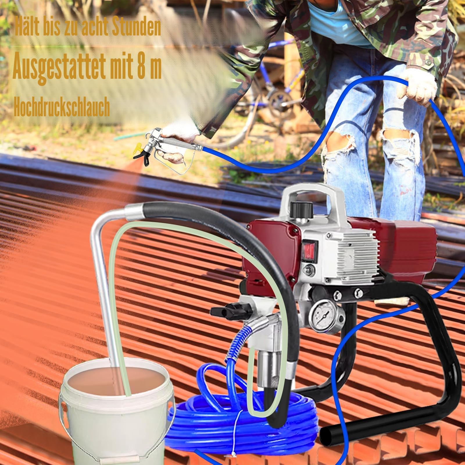 Airless Hochdruck-Sprühgerät 2300W Sprühpistole für großflächige Sprühprojekte, wie Hausfassaden, Decke,Terrassen, DIY-Malprojekte,etc., Effizientes Wandfarbe Sprühgerät Max Durchfluss: 2.3L/min