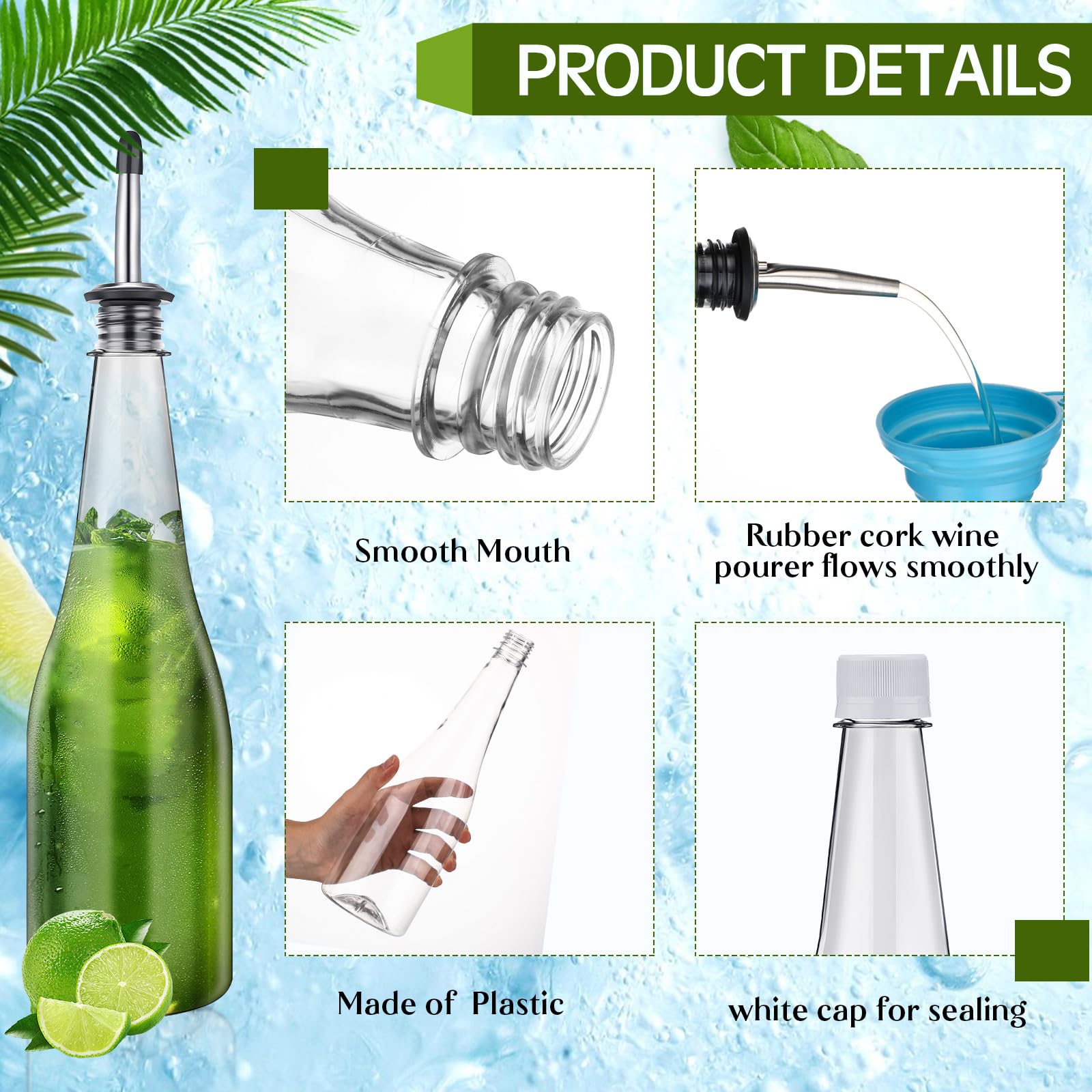 Dandat Lot de 6 bouteilles en plastique à long goulot de 750 ml avec bec verseur et bouchons en plastique avec bec verseur conique en acier inoxydable pour magasin de jus d'alcool