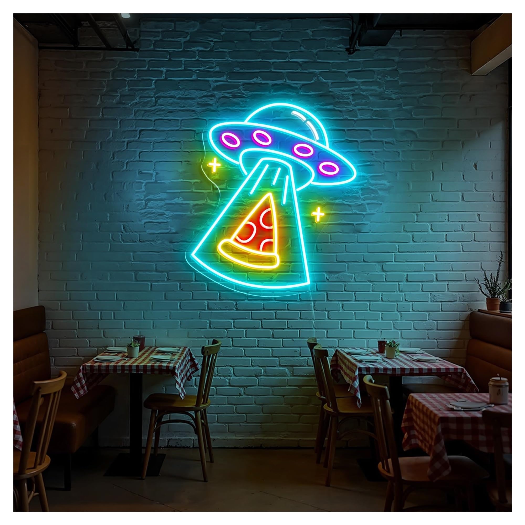 Xenite A Hanging Rt Neon Signs Ufo Pizz Neon Lights Djustable Brightness Suitable For Studio Shop Wall Decor 43Cmx48cm(A)
