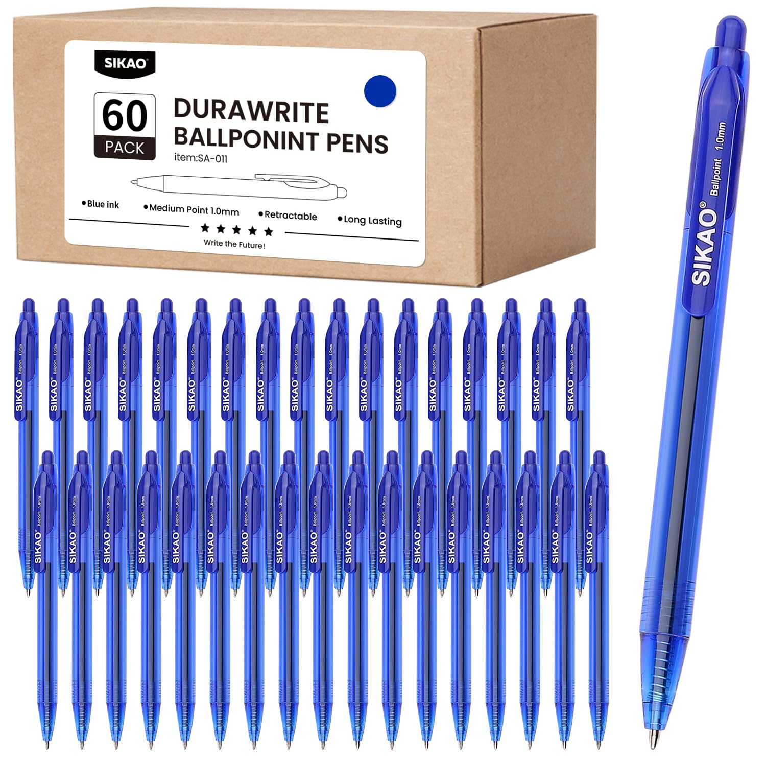 Sikao Blue Pens Bulk, 60 Pack Retractable Ballpoint Pens, 1.0mm Medium Point Blue Ink, Bulk Pens for Smooth Writing, Vivid Blue Ink Pens for School &