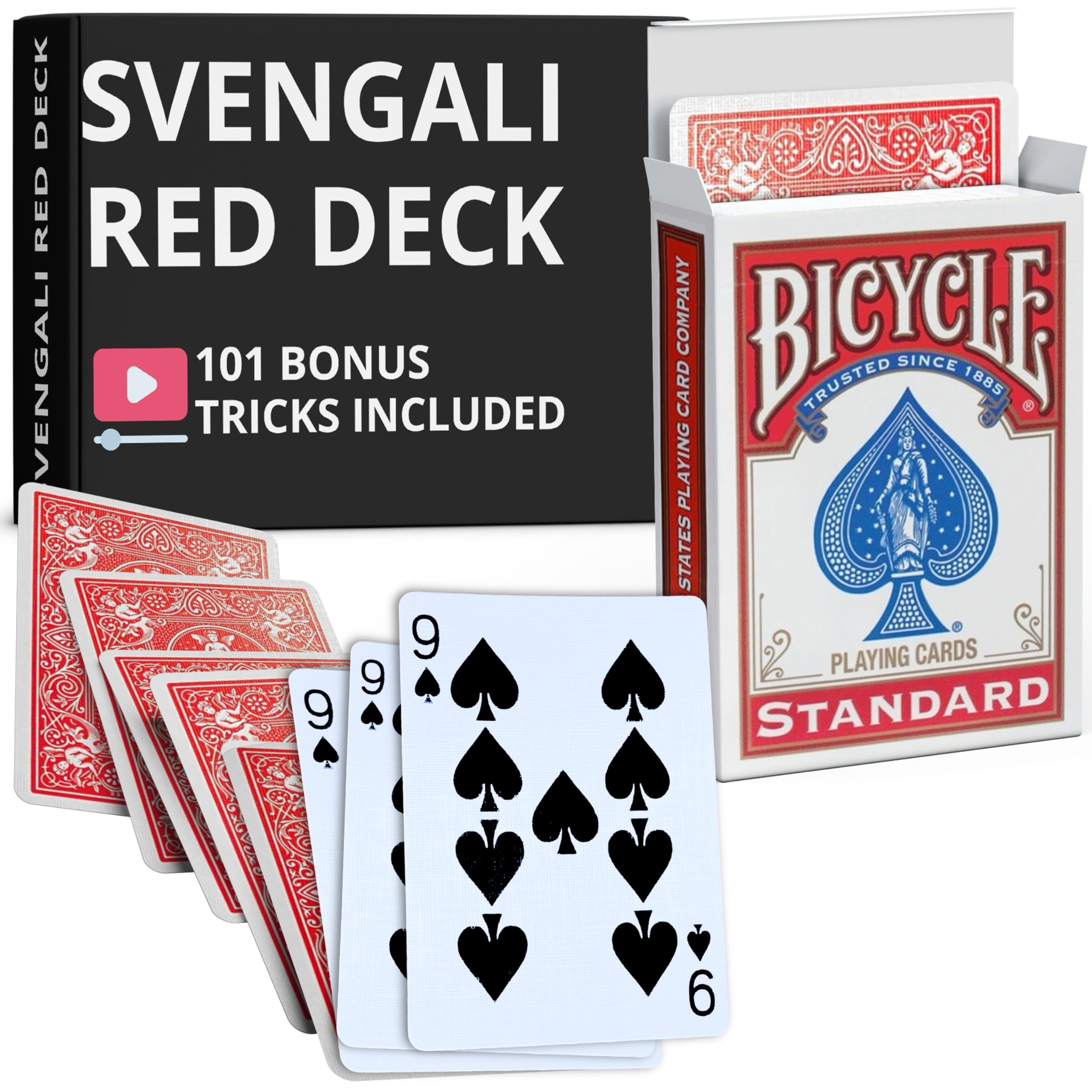 Ted's Sterling Magic Precision Red Rider Back Bicycle Svengali Deck with Instructions for 100+ Tricks (9 of Spades)