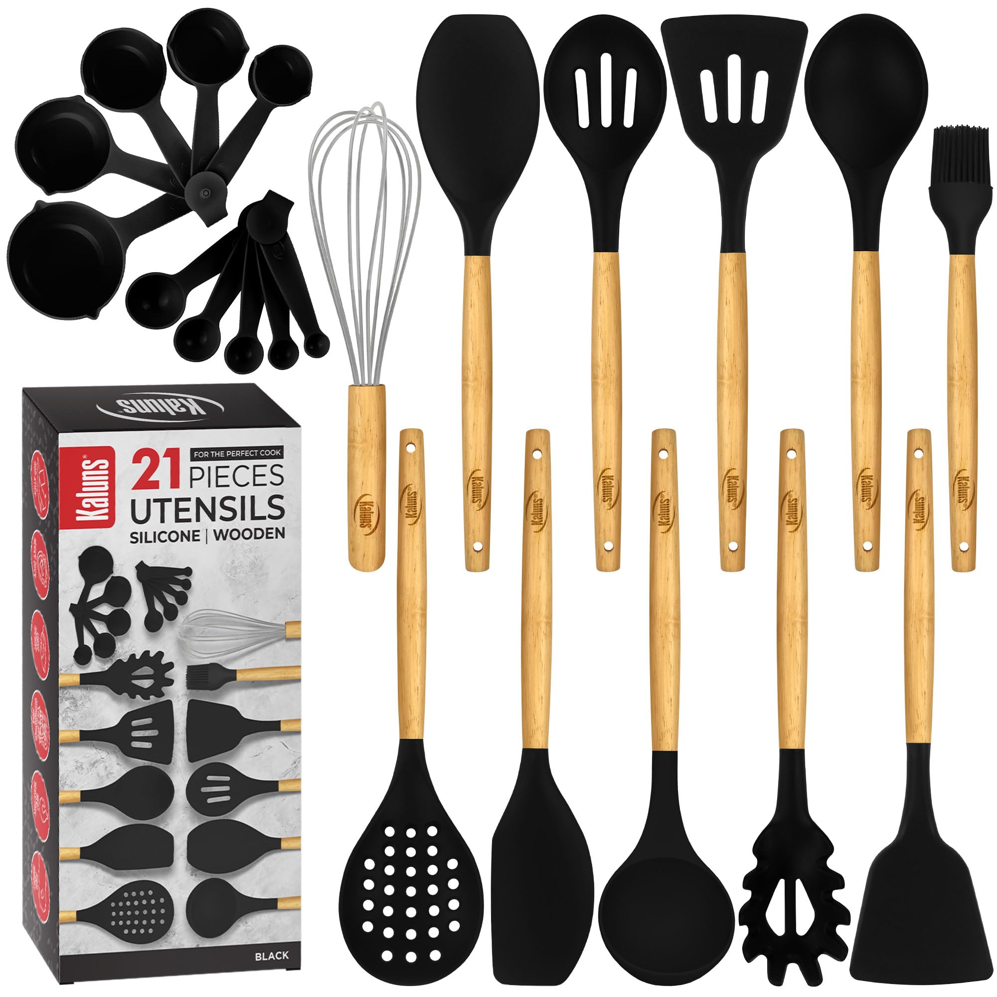 Kaluns Premium Non Stick Silicone Cooking Utensils Set - 21 Pcs Wooden Handle Silicone Spatula Set - 446F Heat Resistant - Kitchen Gadgets Home Essentials