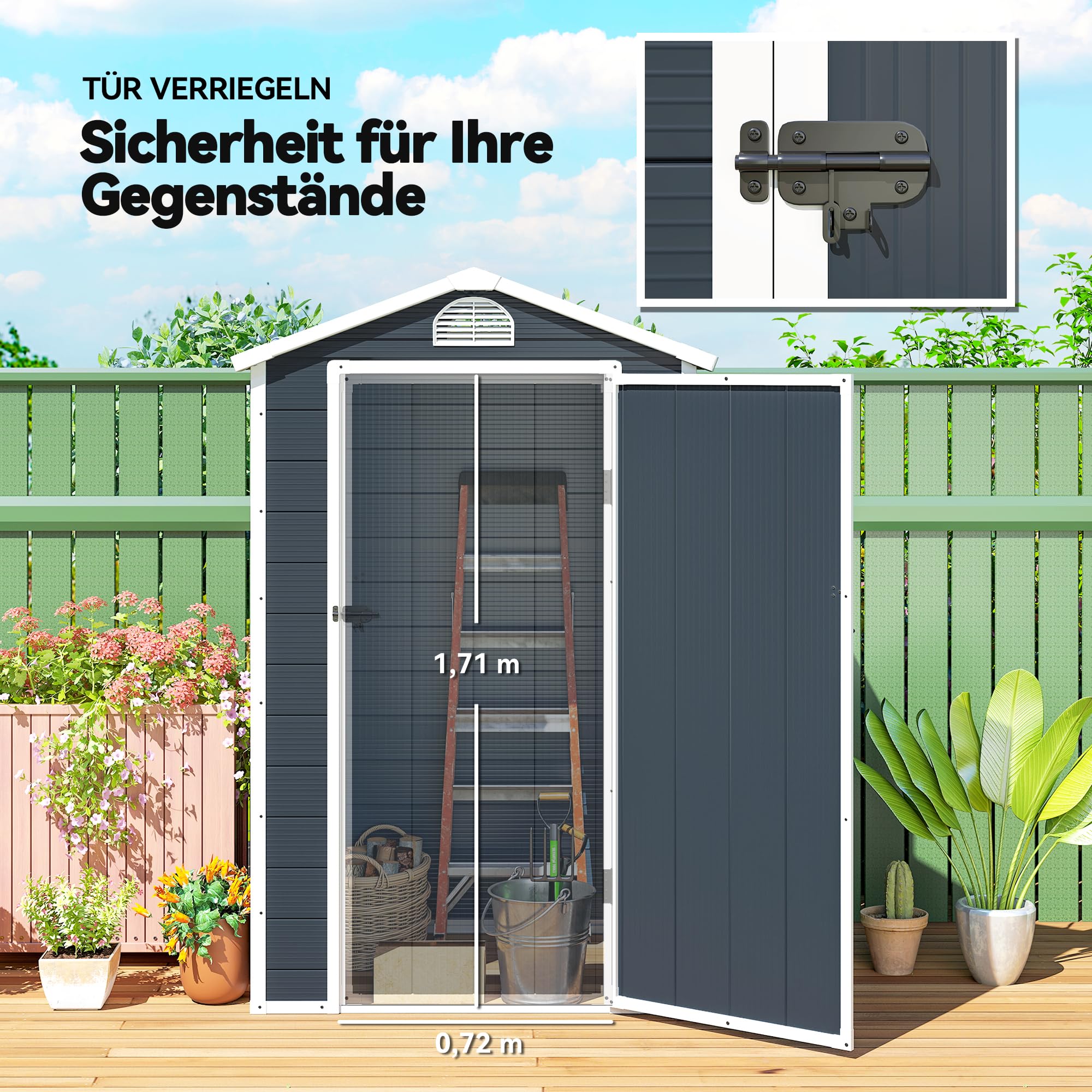 Outsunny Gerätehaus 1,1m² mit Satteldach 134 x 104 x 204 cm Dunkelgrau | Kunststoff Geräteschuppen mitAbschließbare Tür, Belüftungsöffnung, Fenster, Gartenchuppen für Garten
