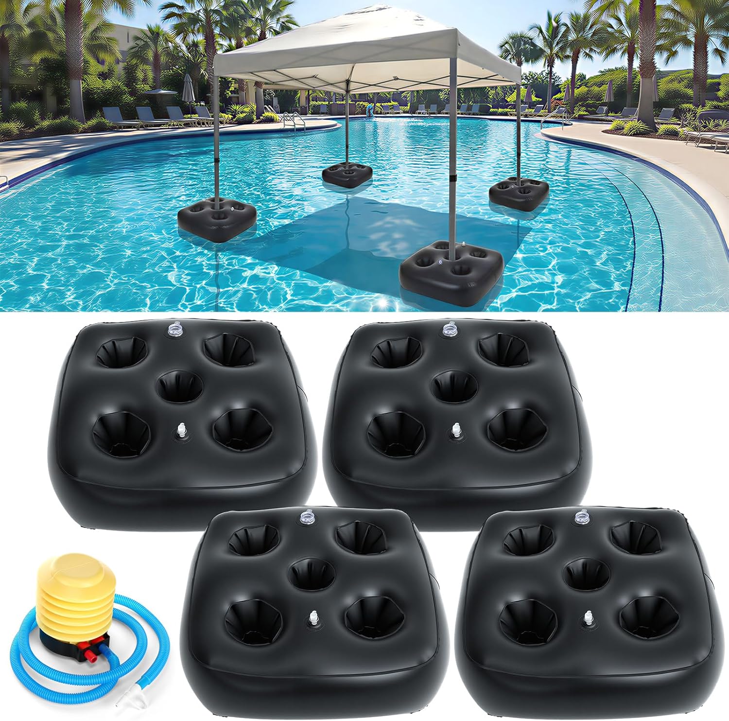 Soulchen 5 Pcs Water Canopy Float Kit, Including 4 PVC Floats for Pool Umbrella with Cup Holders and Hand Air Pump for the Lake, River, Beach or the Pool! Canopy Not Included (Black)