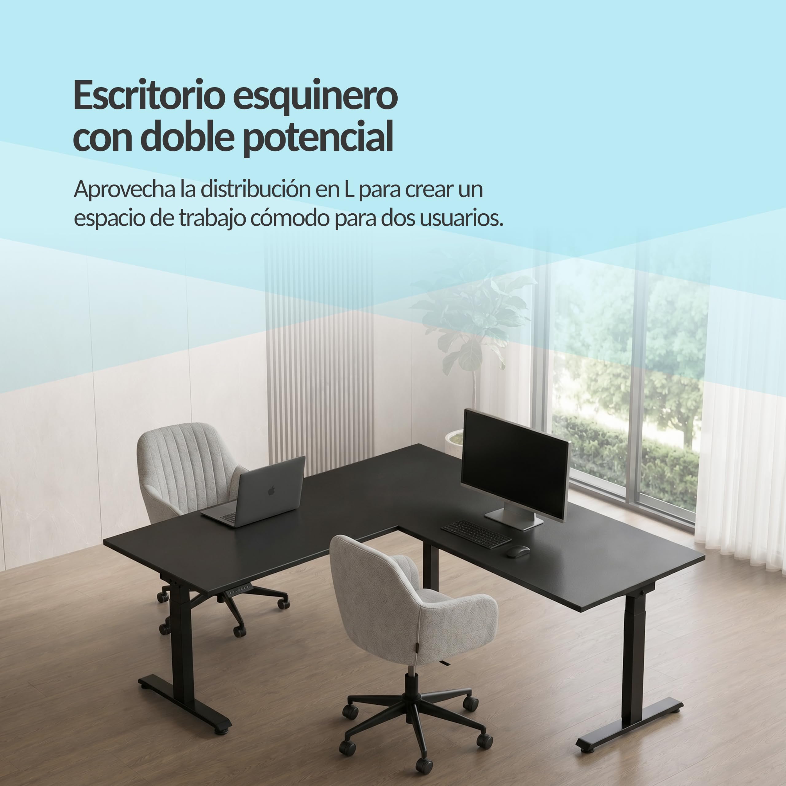 POKAR Estructura para Escritorio Elevable en L Eléctrica | Ángulo Regulable de 0 a 90°, Altura 70 a 118 cm | Panel de Memoria con USB-C y USB-A | Base para Mesa Elevable Sentado y de Pie | Blanco
