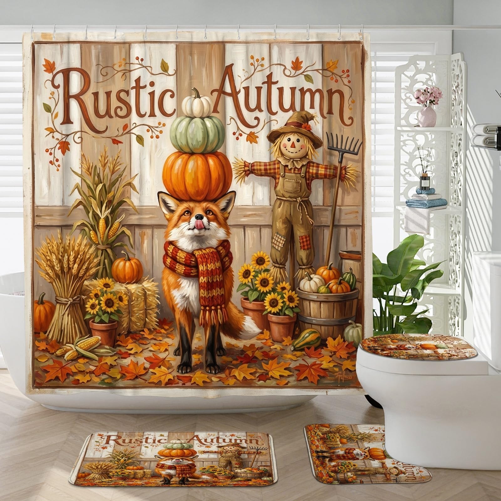 Décoration de salle de bain rustique d'automne avec kit tapis WC et rideau étanche
