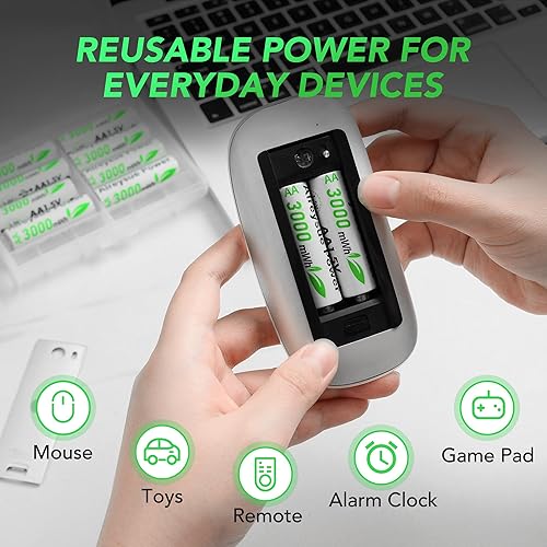 Miniatura 7 de Paquete de 10 pilas AA recargables de alta capacidad, potencia duradera con más de 1000 ciclos de recarga, compatible con carga rápida, ampliamente