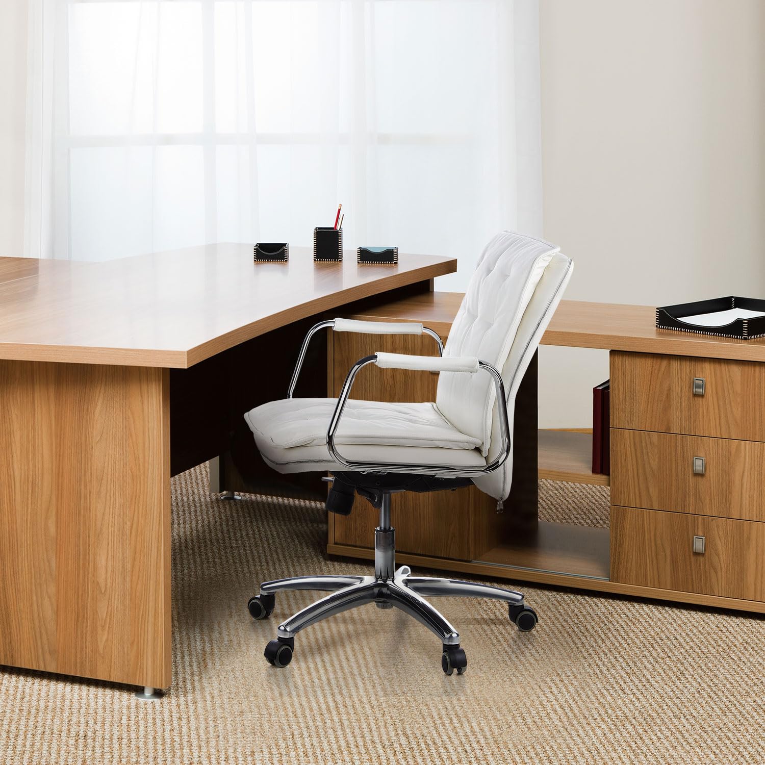 hjh OFFICE 600932 Silla de dirección Villa 10 de Cuero Blanco Silla de Oficina, Respaldo Medio, Regulable en Altura