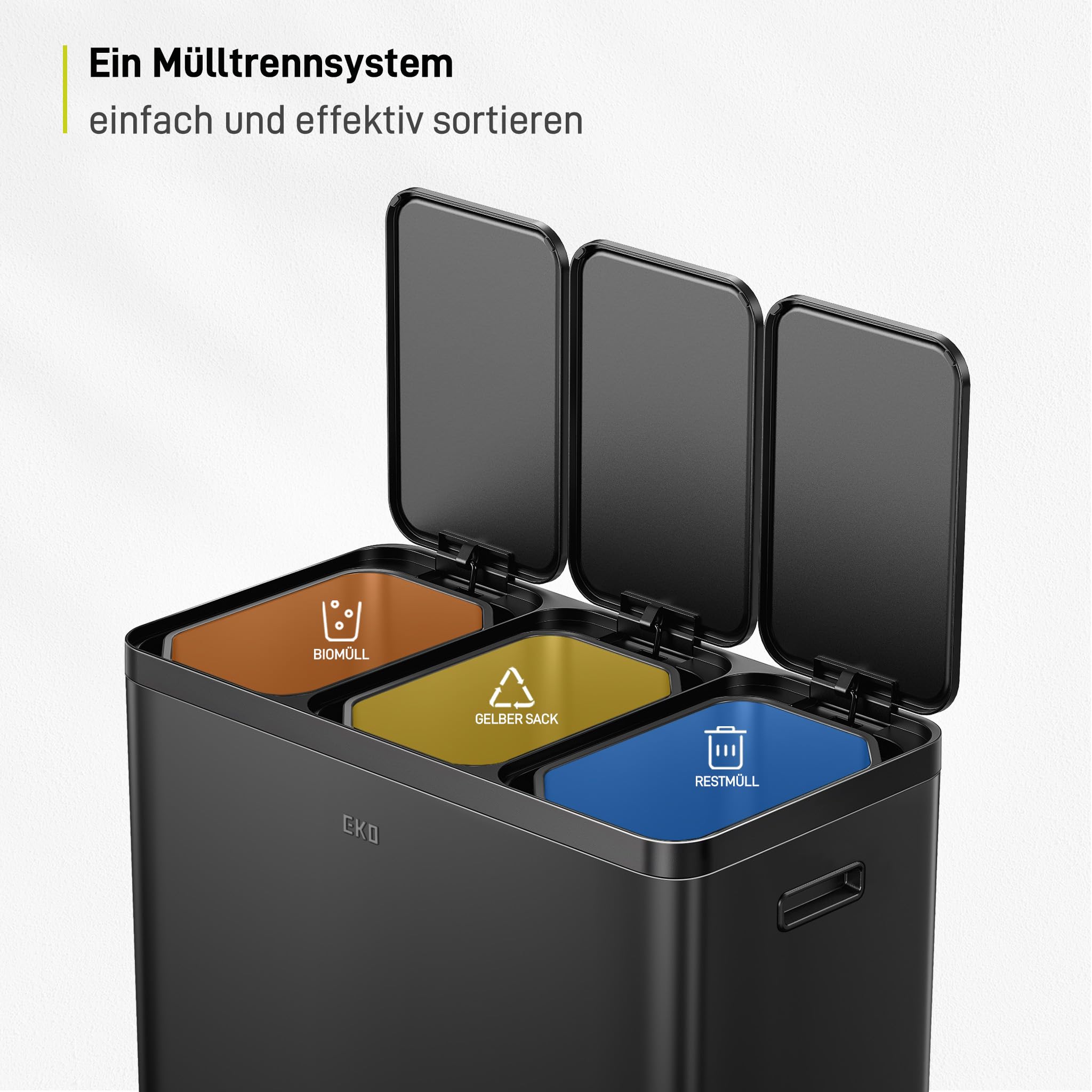 EKO Essential Mülleimer 3 Fächer, 3 x 20 Liter, Mülltrennsystem Küchentretmülleimer, inklusive 20 Müllsäcke, Großraum Abfalleimer mit Deckel, sanftem Schließen und luftdicht, Mattschwarz Edelstahl