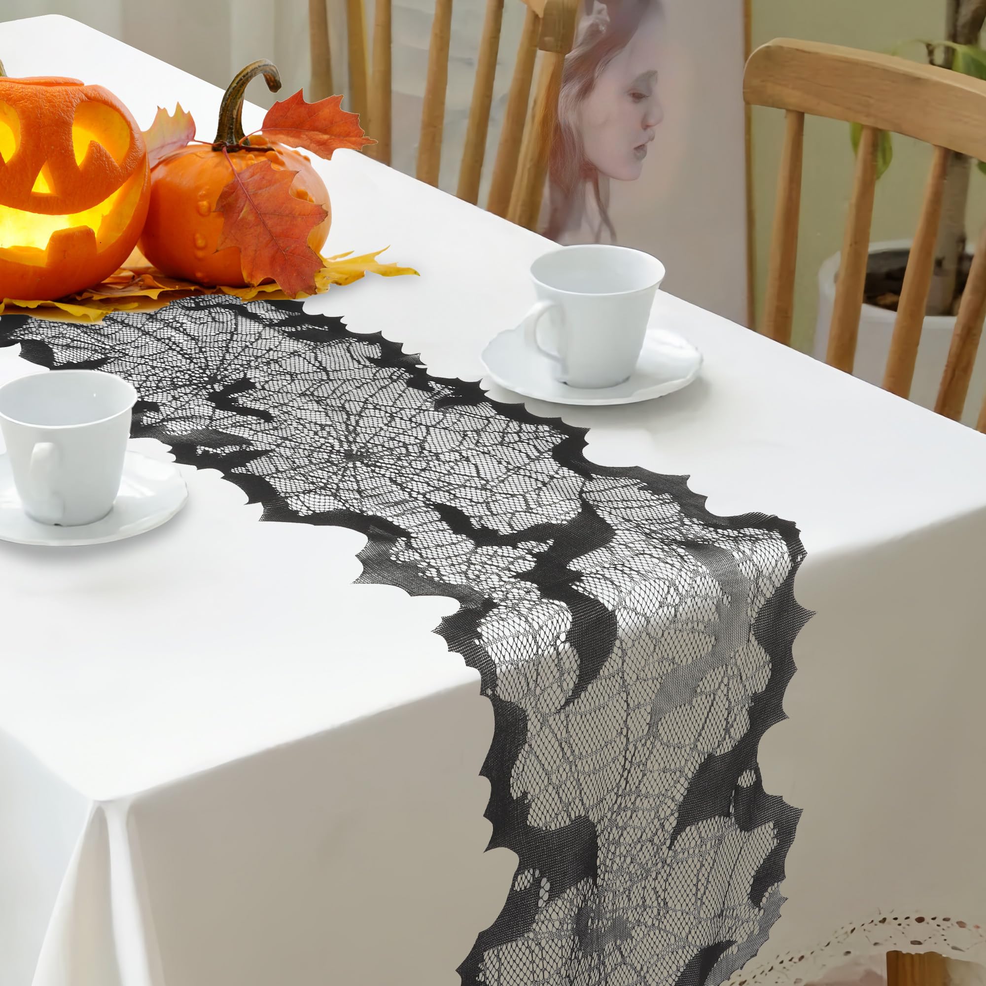 NiCola Spiderweb Table Runner, 33x173cm Black Lace Halloween Tablecloth with 12PCS 3D Bats, Fireplace Rectangular Tablecloth for Table Decorations and Indoor Celebrations