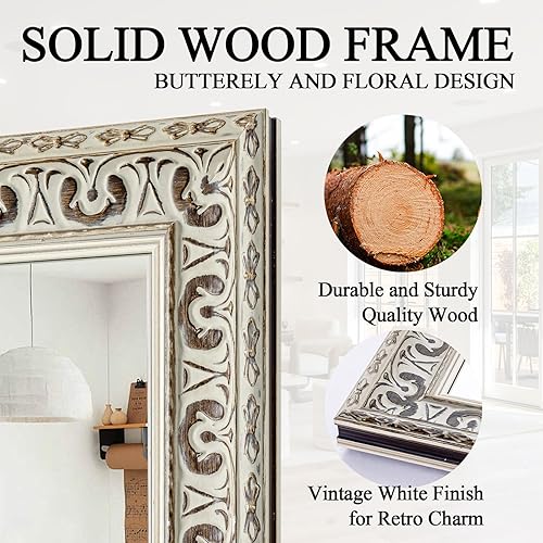 Miniatura 2 de Espejo blanco antiguo, espejo de pared de baño con tallas ornamentadas, marco de madera maciza, envejecimiento hecho a mano, para sala de estar