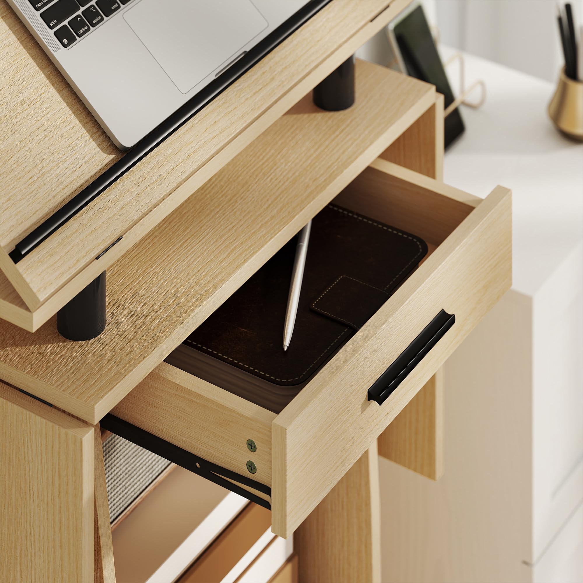 HOMCOM Rednerpult Podium mit Rädern, klappbaren Seitenflügeln, neigbarem Laptopständer, Podiumständer mit Schublade, Regal Stehpult für Kirche, Vortrag, Klassenzimmer Eiche 126 x 37 x 136 cm