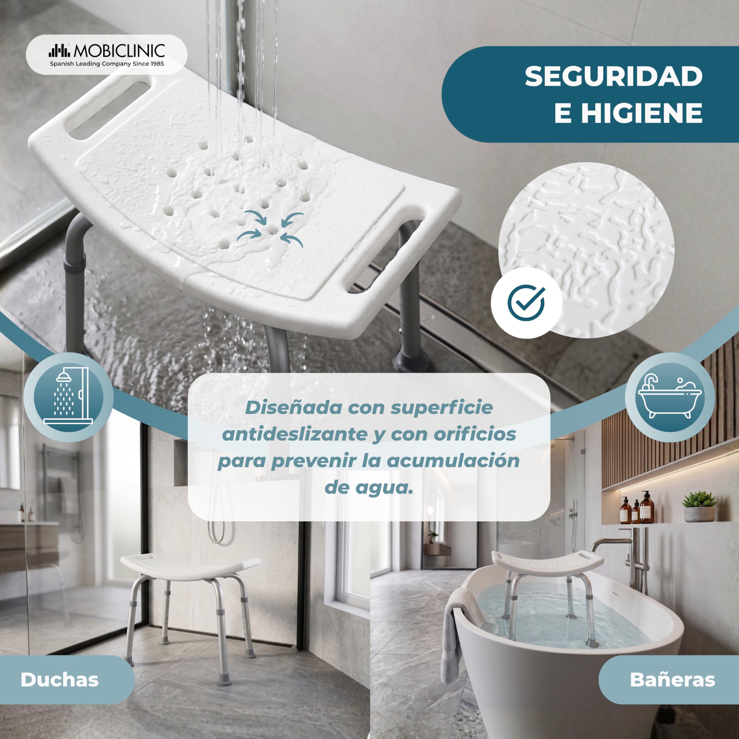 Mobiclinic®, Taburete de Baño, Conteras Antideslizantes, Regulable en 7 Alturas, Asiento en U, Agujeros Drenaje, hasta 100 Kg, Ligero, Fácil Montaje, Aluminio, San Fermín