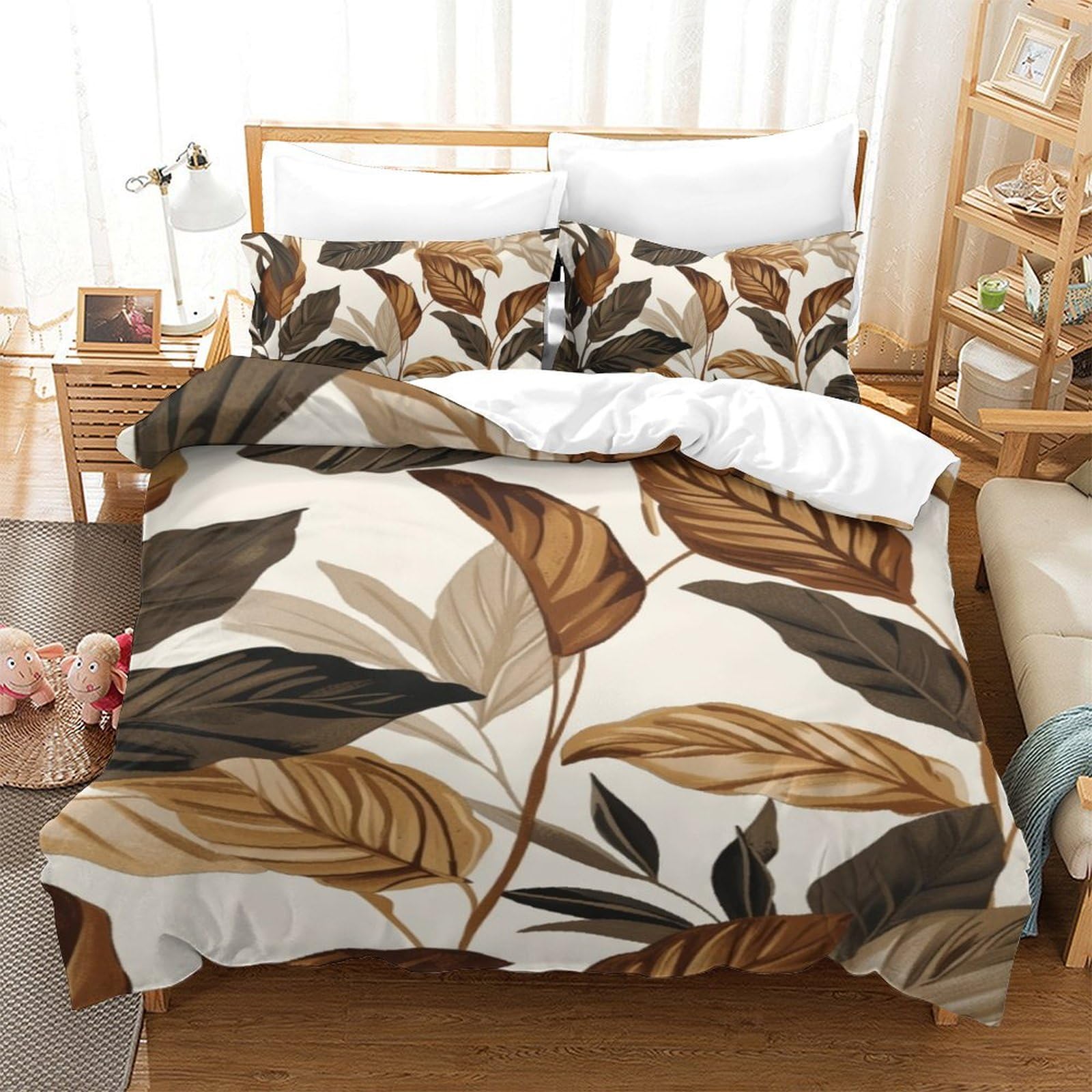 Housse de couette 140x200 microfibre douce parure de lit imprimé feuilles pour enfant