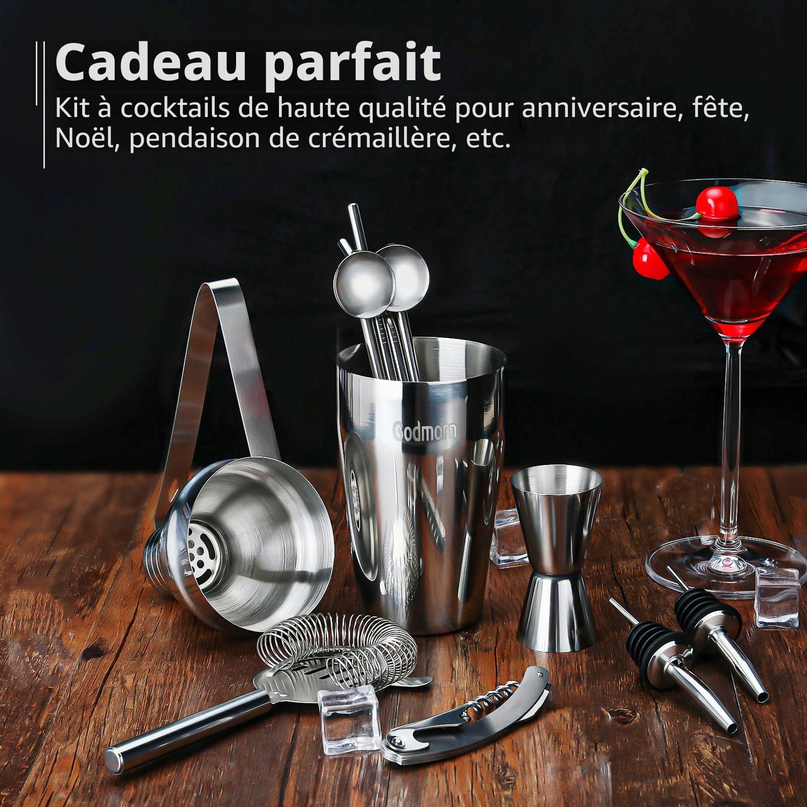 Godmorn Shaker Cocktail Kit 15 pièces, Cocktail Set Bar Kit Bar Tool Set 750 ML, Shaker à Martini en Acier Inoxydable avec Support en Bois, Double Jigger, Cuillère à mélanger, 2 Verseurs, Recettes