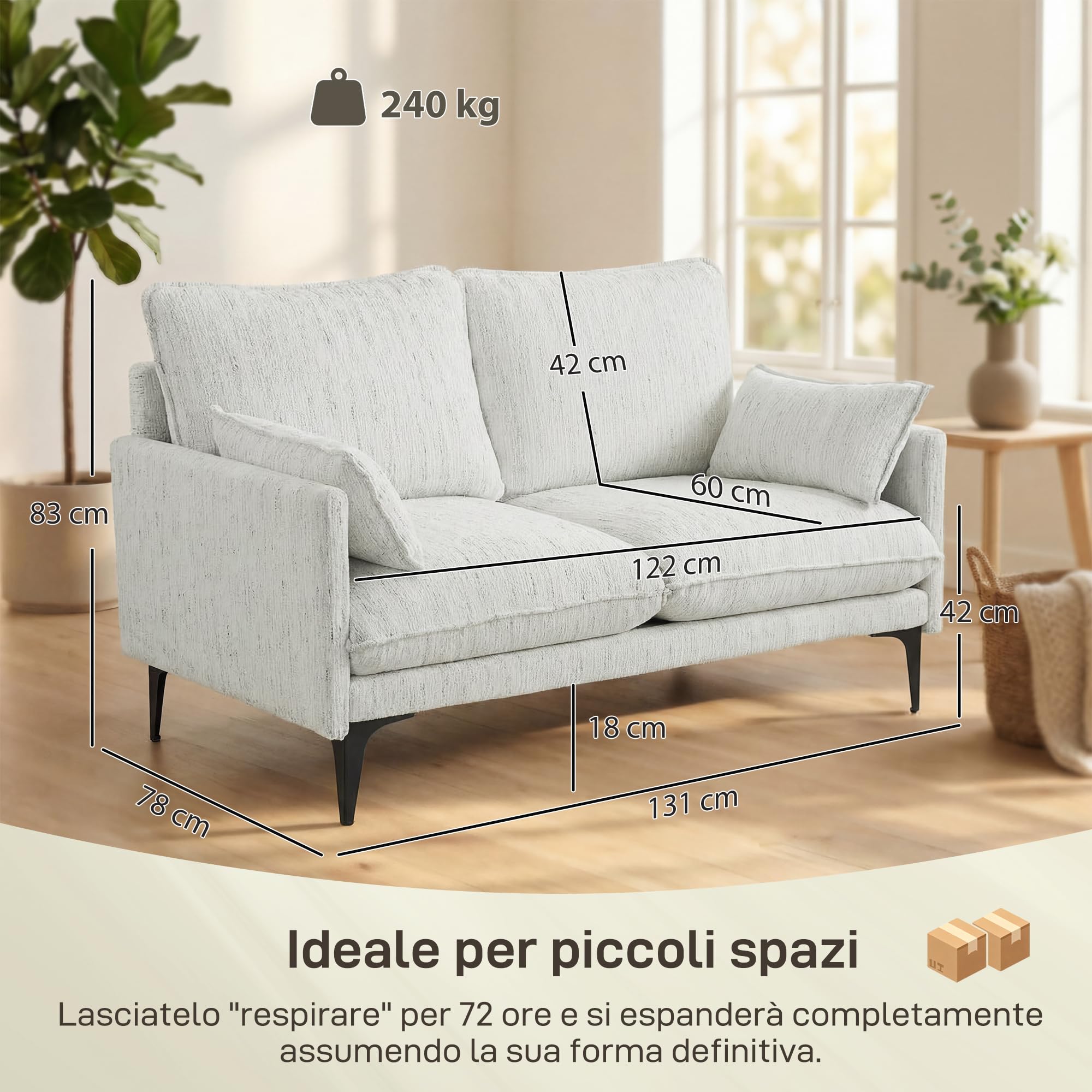 HOMCOM Divano 2 Posti Imbottito in Lino Traspirante con Filati Multicolore Delicati, Divanetto da Salotto con Imbottitura Spessa, Seduta Ampia Profonda, 2 Cuscini, Braccioli, 131x78x83 cm, Bianco