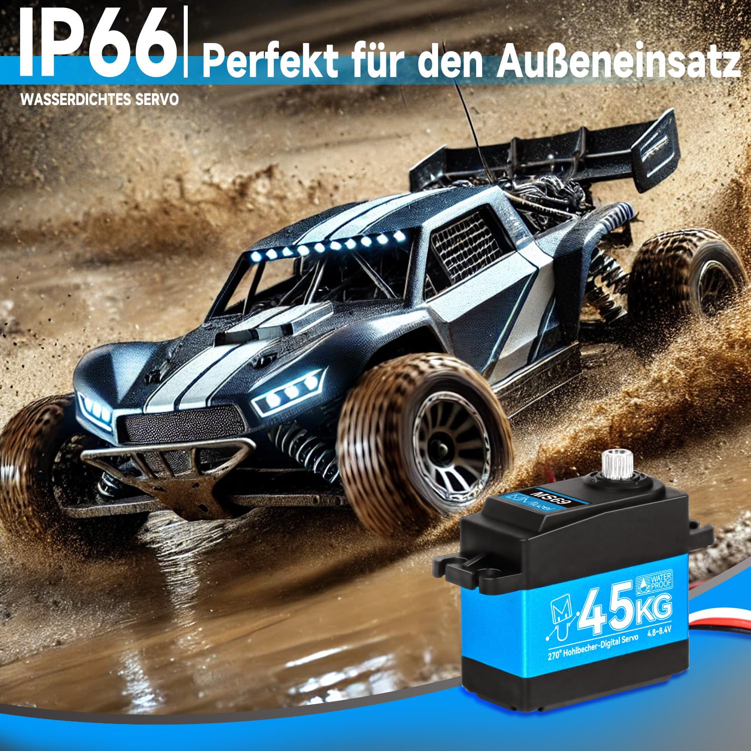 Miuzei 45kg Digital RC Servo 270° Servomotor Metall Getriebe für Auto Modellbau Car 1/10 1/8 Robot Arm Flugzeug 8,4V High Speed Torque Wasserdicht Servo+Motor Lenkservo mit 0.5M Kabel 25T Horn