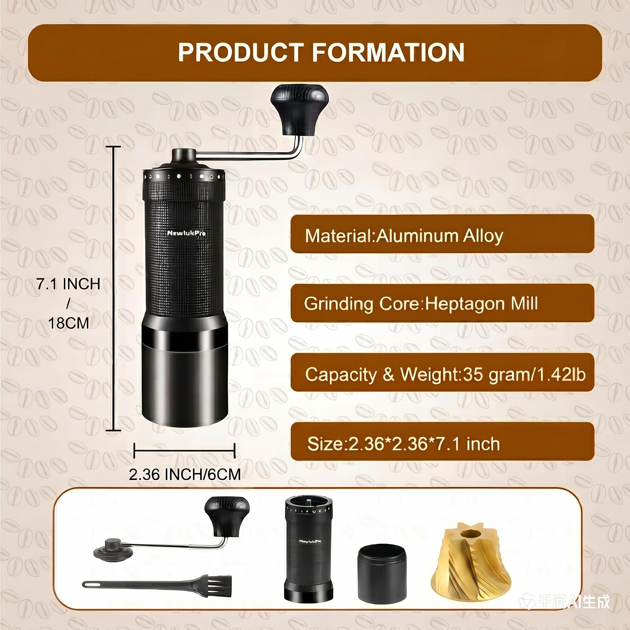 Molinillo de café manual M7 Pro, rebaba heptagonal con revestimiento de titanio, molinillo de café de mano con 72 escalas externas, capacidad de 35 g, molinillo de café completo para verter