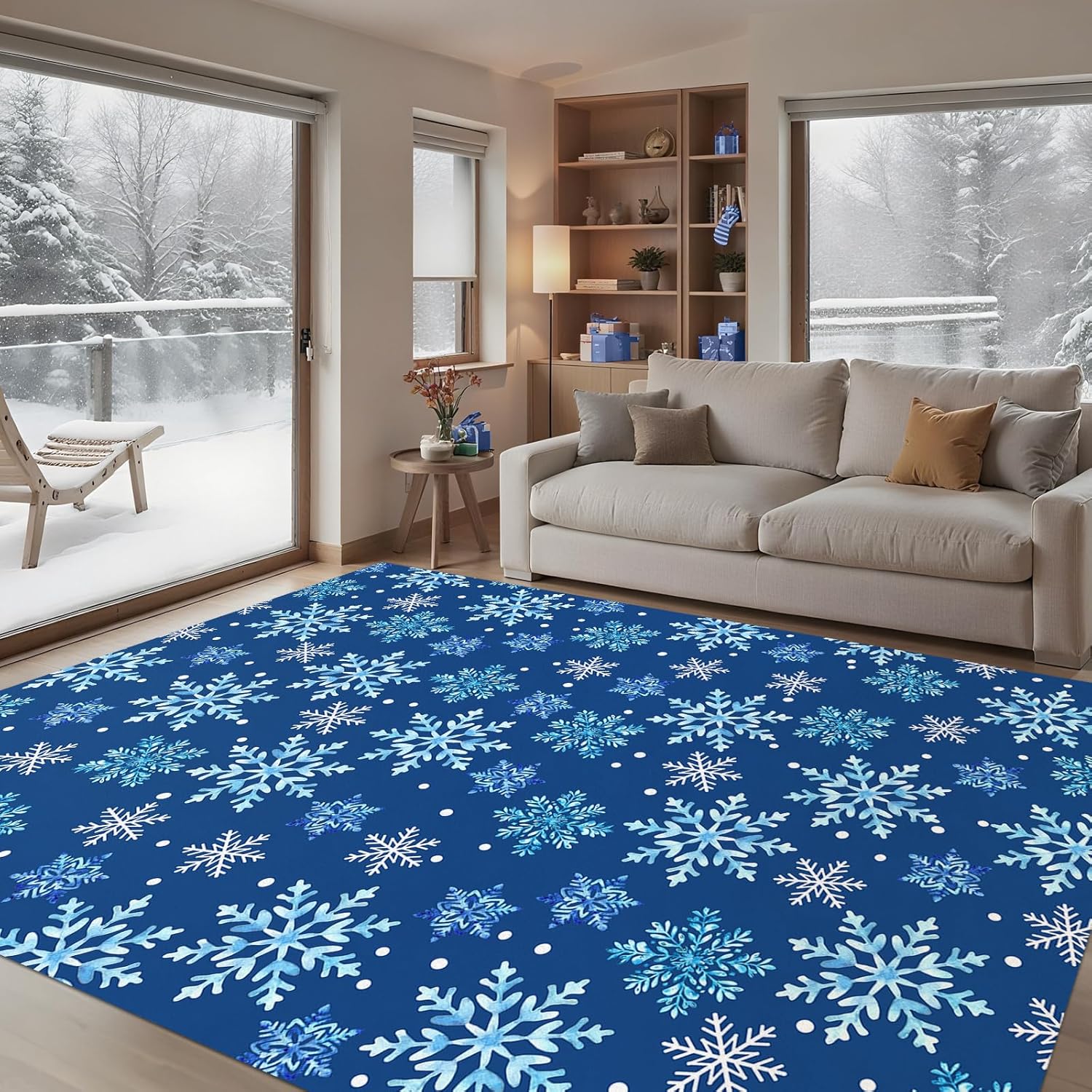 Winter Blue Snowflake Washable Area Rug 5 x 7 Ft, Christmas Snow Soft Non Slip Large Rugs Indoor Home Decor, Seasonal Entryway Floor Carpet Living Room Bedroom Kitchen Dining Room Decoration