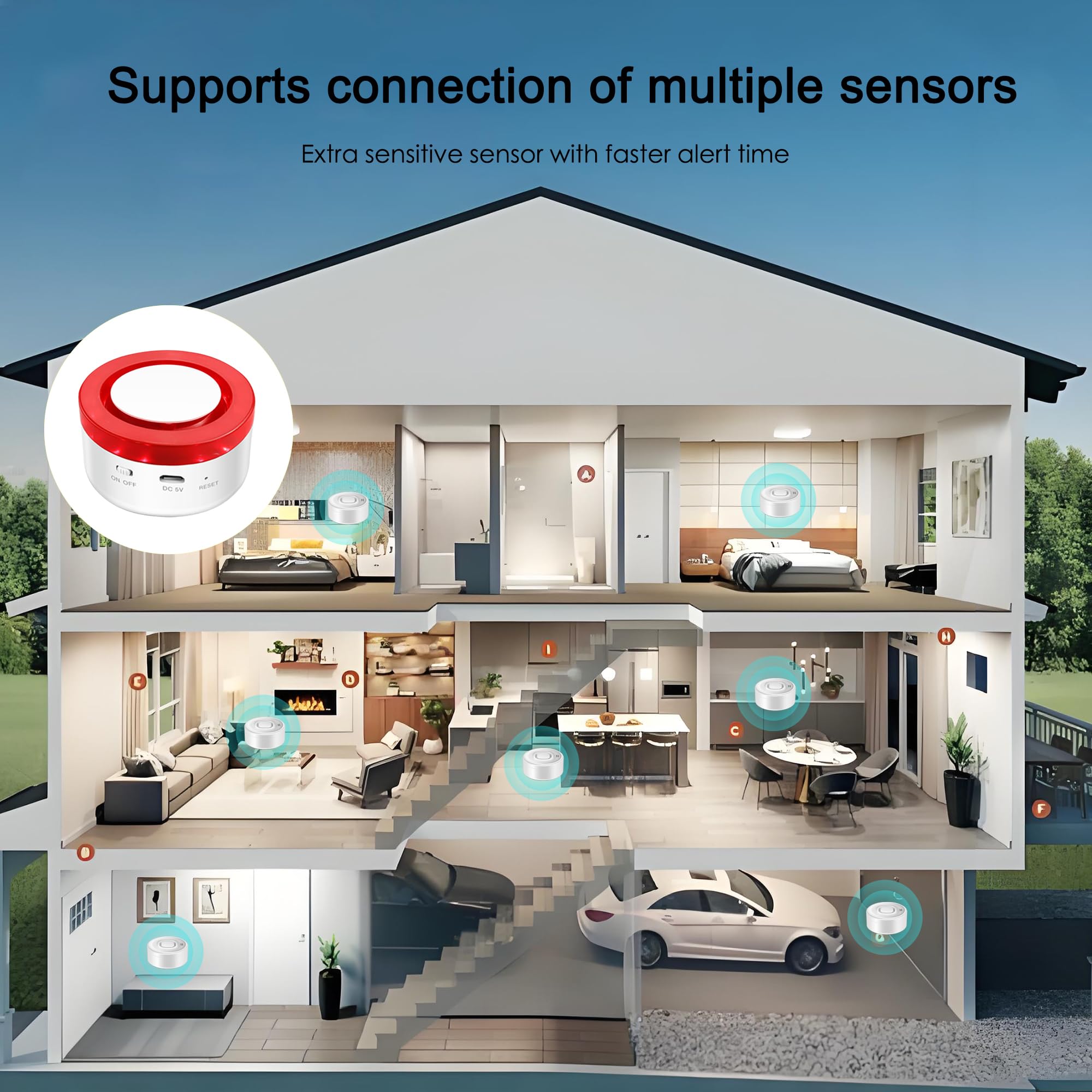 Détecteur de fuite d'eau Wi-Fi : alarme intelligente pour la maison avec notification d'application, 1 station de base 2,4 GHz + 3 capteurs d'eau, alarme d'eau 100 dB pour cave, cuisine, salle de bain