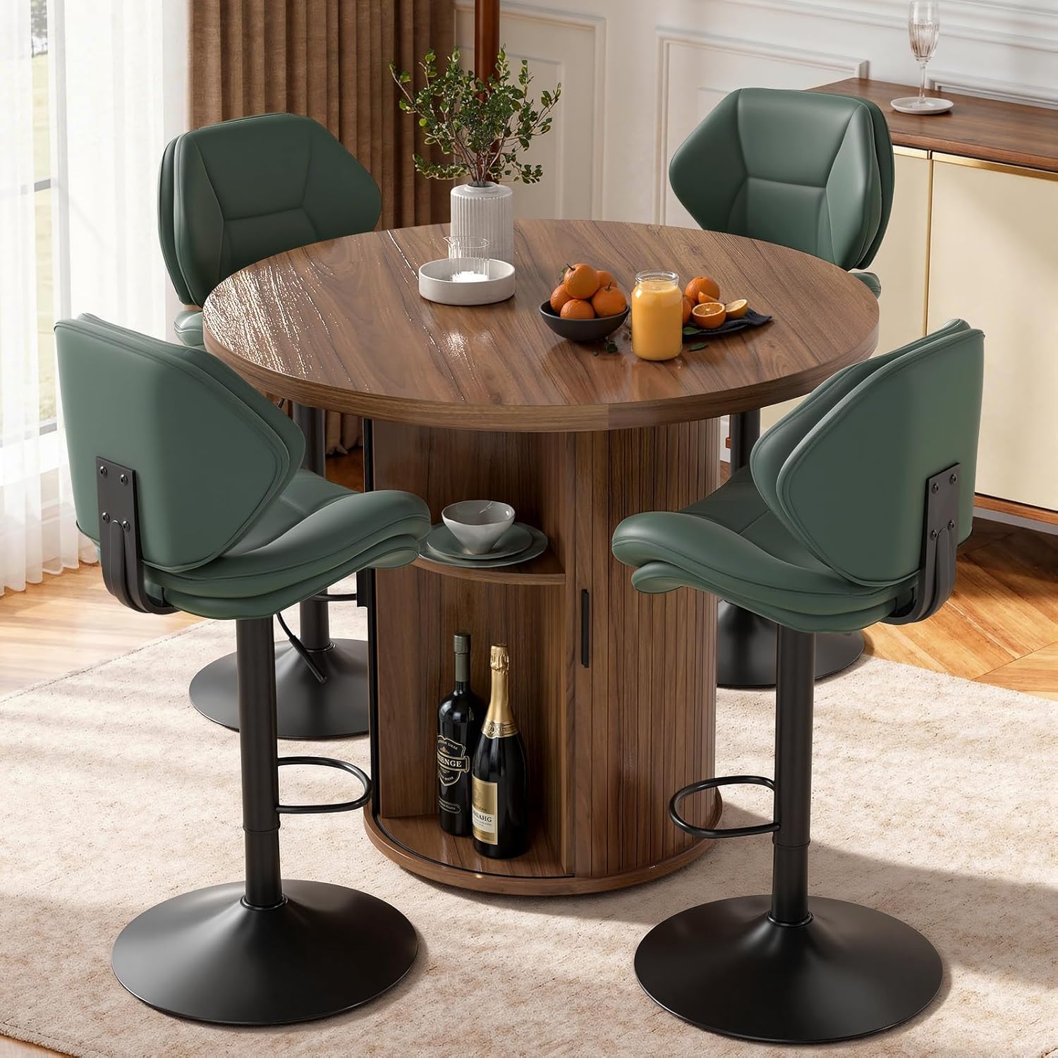 Nalupatio Swivel Bar Stools Set of 4, Double-Layer Filled Upholstered Bar Stools with Back, Adjustable Height Barstools, Faux Leather for Kitchen Island (Green)
