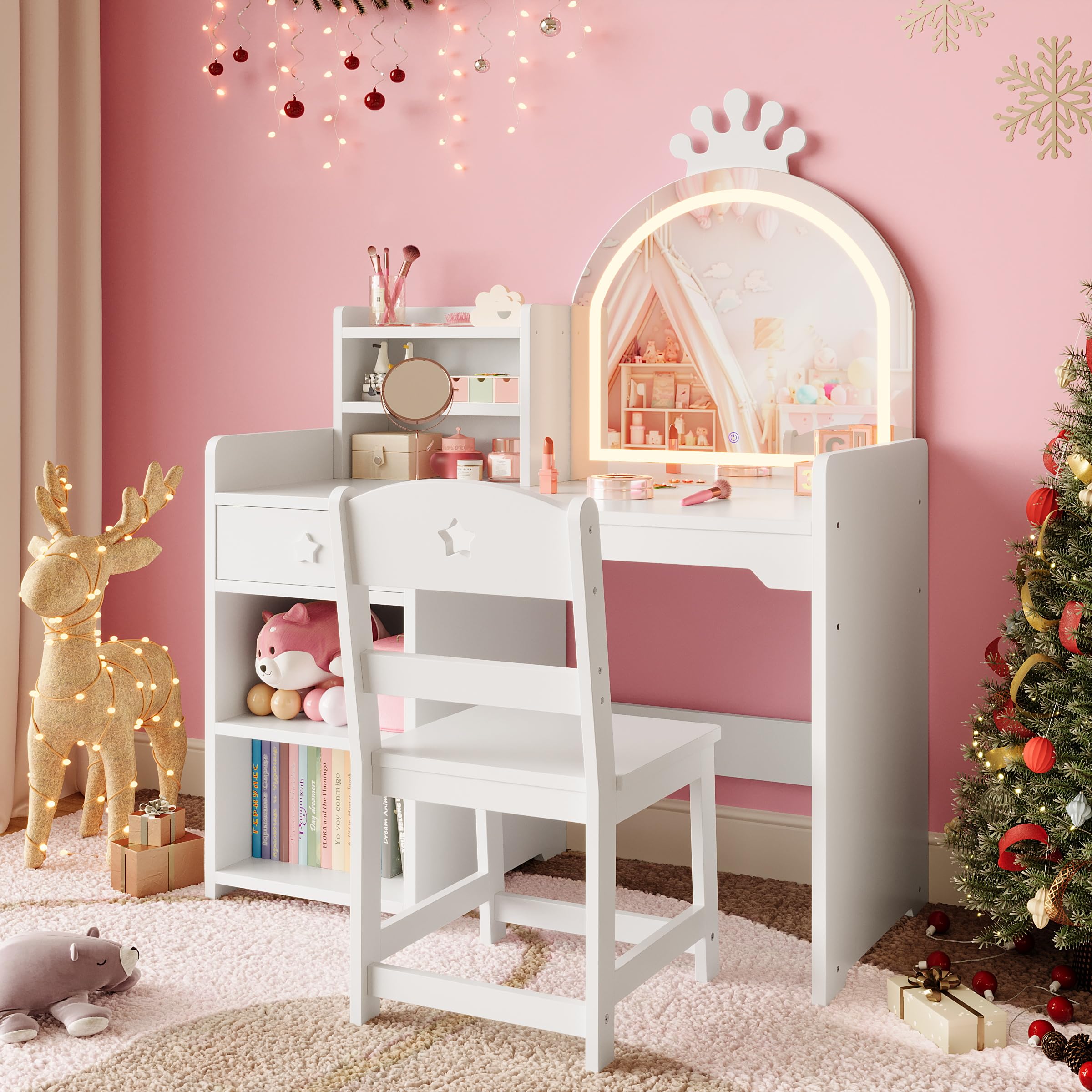 Garvee 2-in-1 Girls Lighted Princess Vanity Desk Bookshelf Storage Cabinet