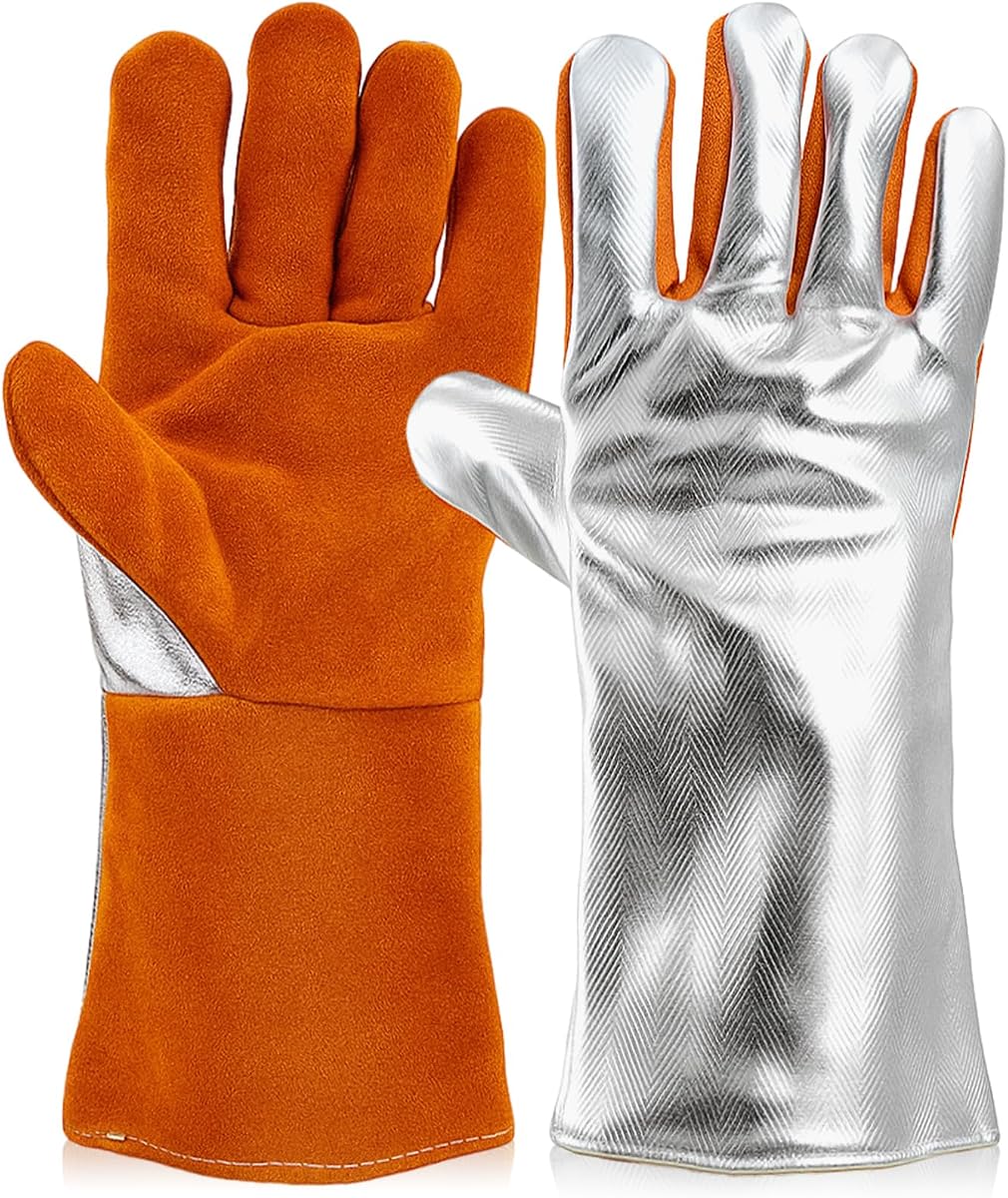 Kingdder High Temperature Aluminized Welding Gloves Heat Resistant 14 Inch Long Safety Work Glove for Smelting Metal Industry