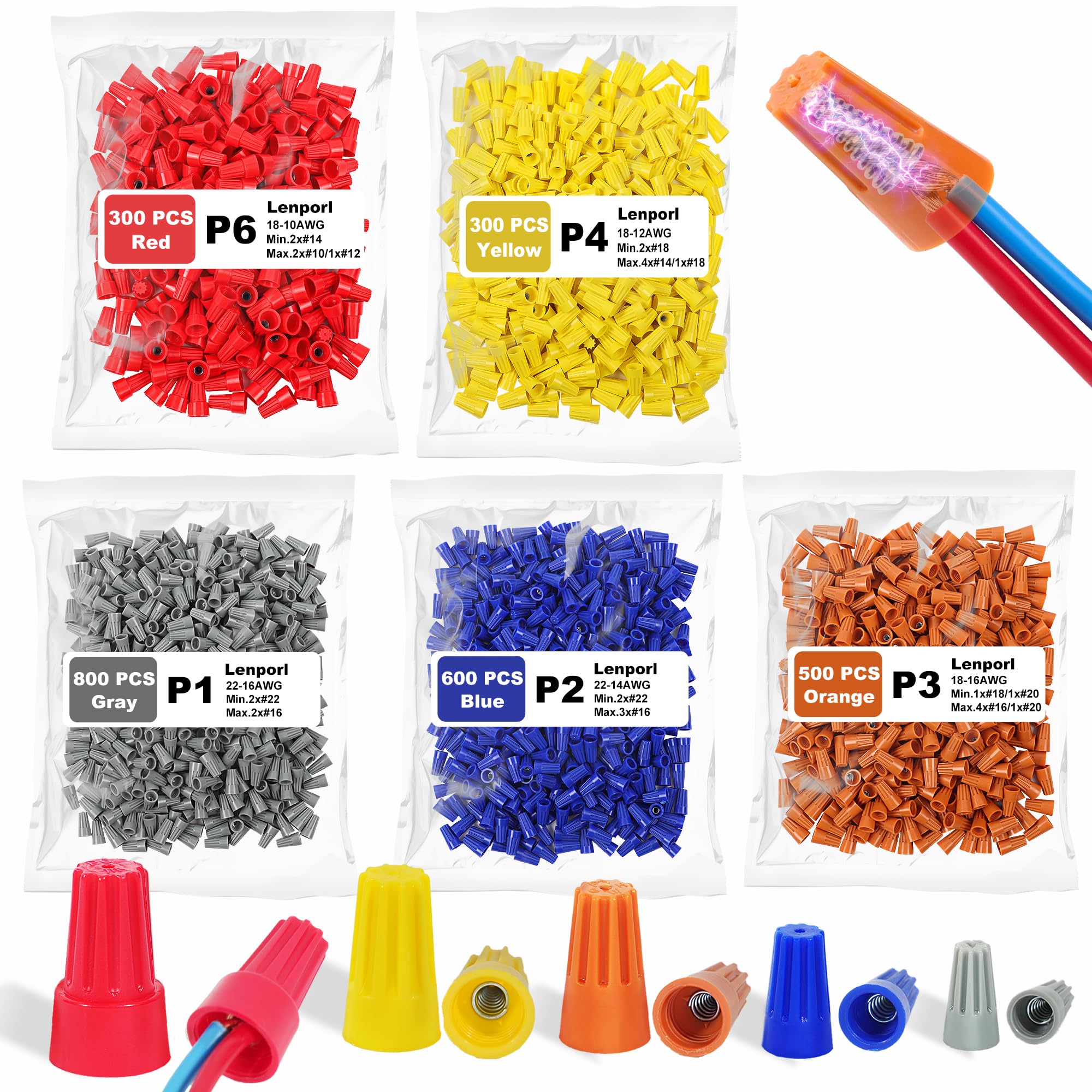 Lenporl Kit assortito di 2500 dadi per cavi elettrici, terminali a vite, inserti isolanti, connettori a torsione per fili elettrici, dadi con molla e tappi per cavi portatili per un collegamento