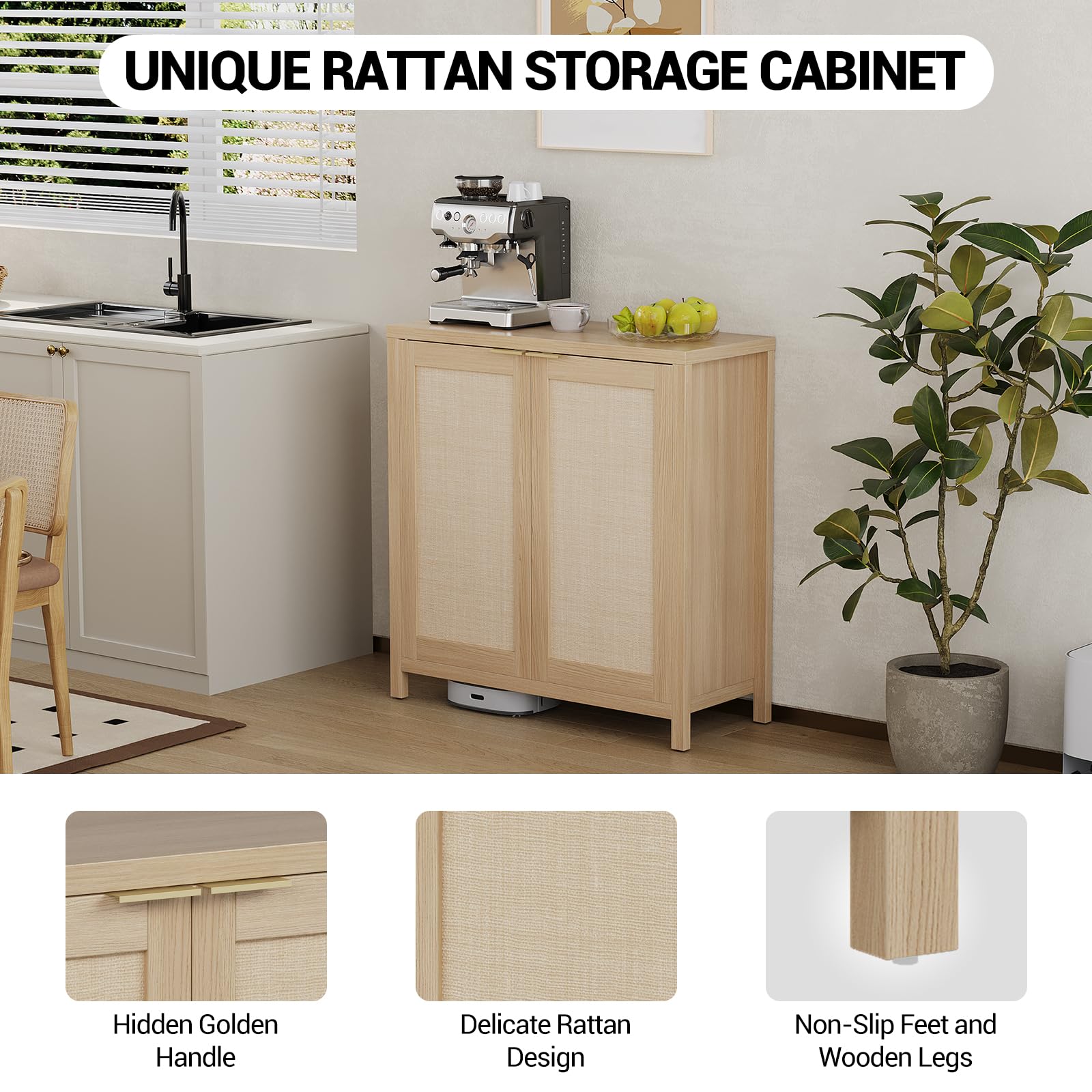 Aparador Mimbre 87cm Madera con Estantes Ajustables para Comedor y Cocina | Gabinete buffet moderno equipado con puertas y tiradores metálicos elegantes