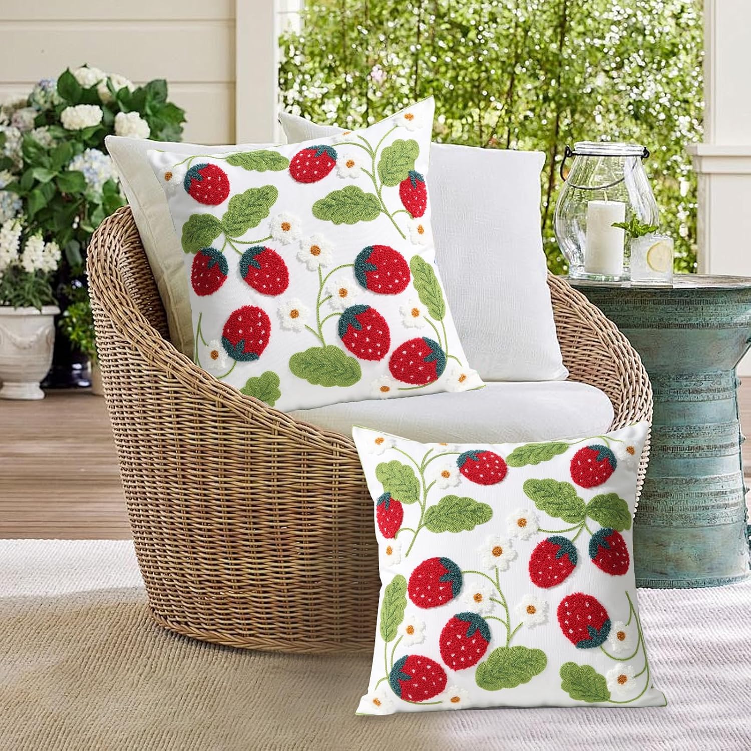 Pack of 2 Embroidered Throw Pillows Cover 18x18 Inch Decorative Pillowcase for Living Room Sofa Bed (Red Strawberry)