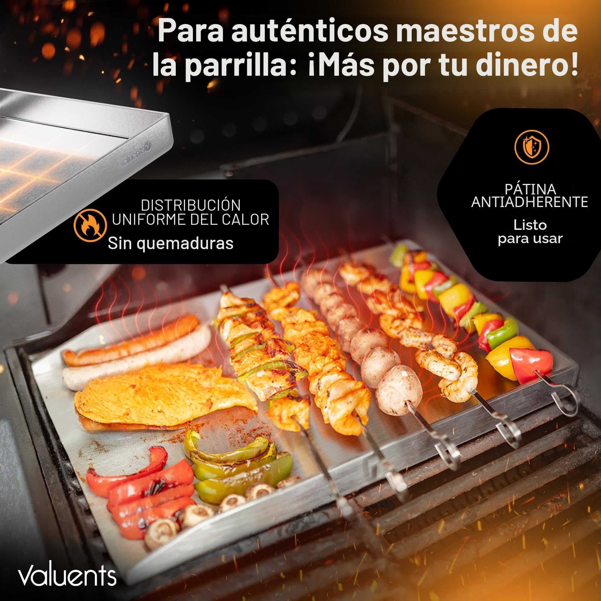 Plancha – Plancha Placa de Acero Inoxidable Grueso & Acero Inoxidable – 30 x 20 cm – Adecuado para barbacoa de gas y barbacoa de carbón + Plus: cepillo y espátula para barbacoa, GP-BBQ-300
