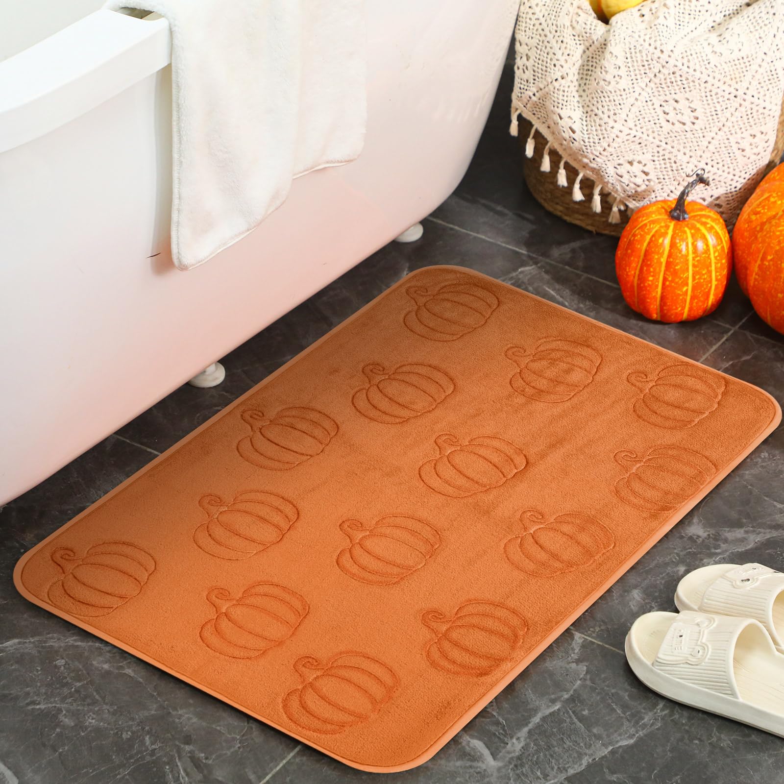 Nuanchu Pumpkins Fall Bathroom Rug 3D Embossed Thanksgiving Autumn Halloween Bath Mat 17x29 In Water Absorbent Nonslip Washable for Tub Shower Kitchen
