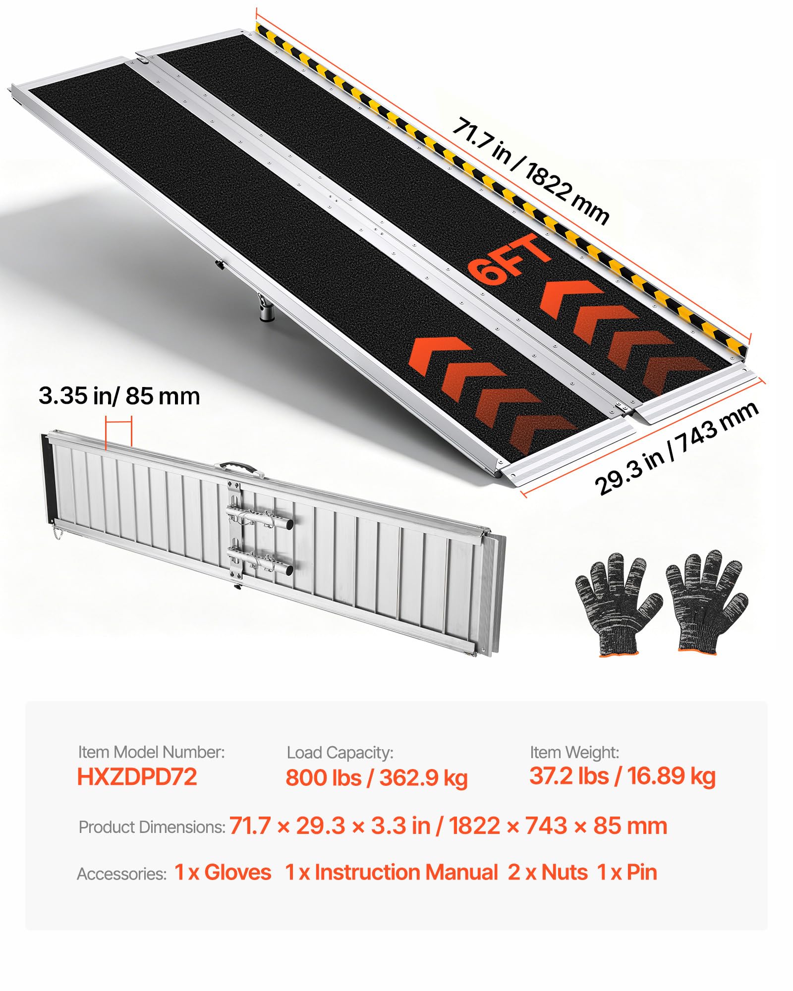 VEVOR Rampa para Silla de Ruedas Plegable 1830 x 745 mm, Rampa de Umbral de Aluminio Antideslizante con Capacidad de Carga 362,9 kg para Puertas, Entradas, Escaleras, Andadores, Scooters y Uso Diario