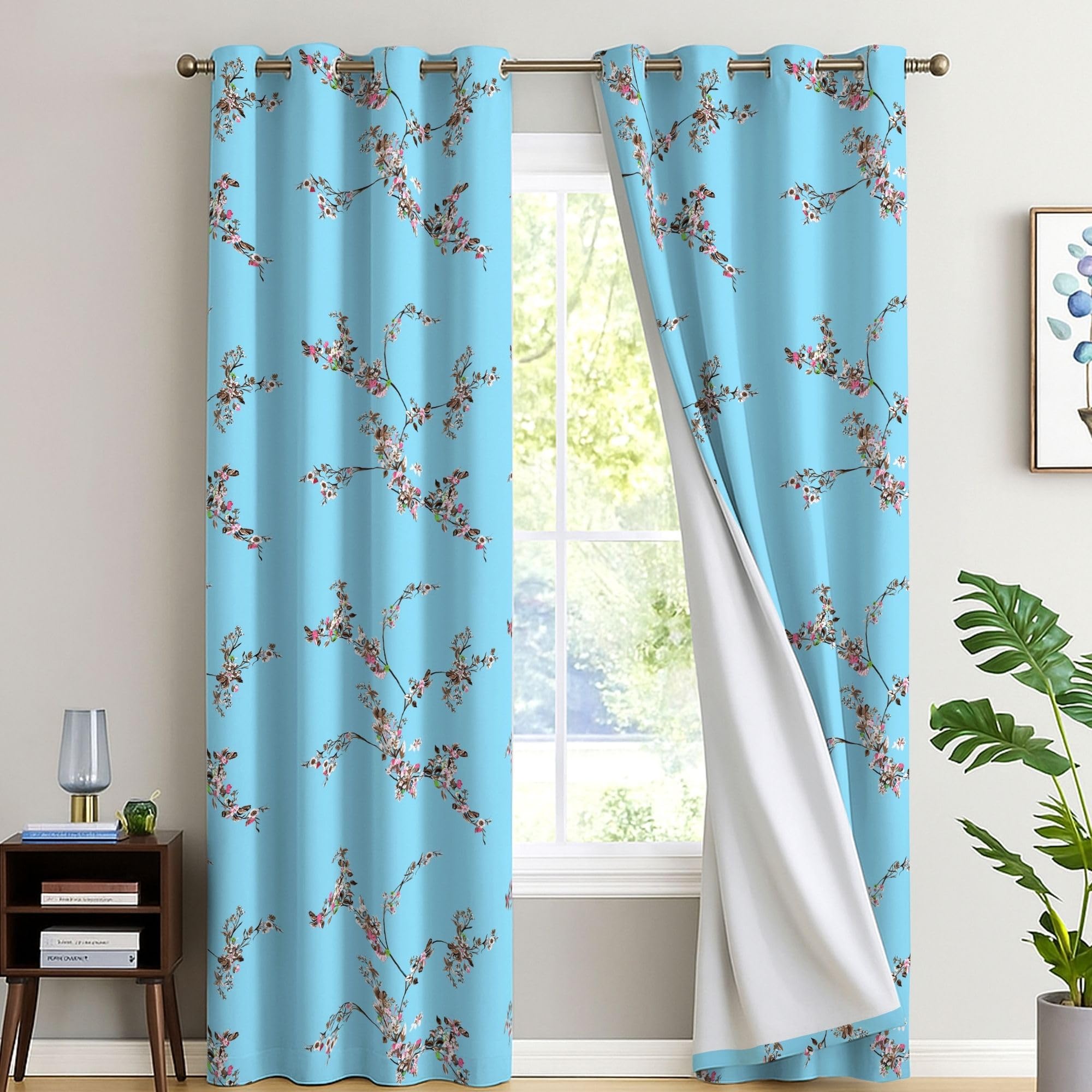 Eversoft Bedding Sky Blossom Floral Blackout Curtains 2 Panels - 66" X 72" - Thermal Insulated & Soundproof Flower Print Eyelet Drapes For Medium Windows