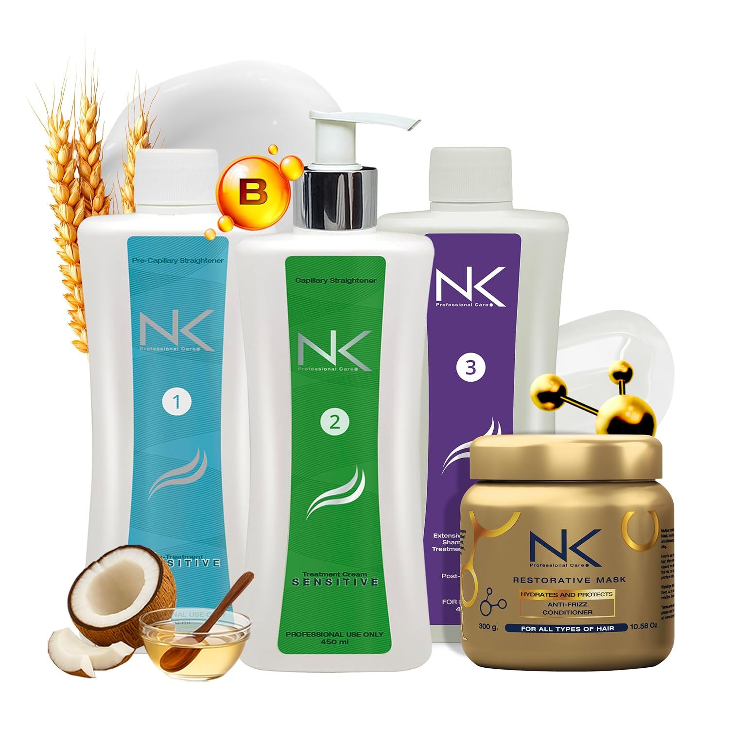 NK Professional Care Sensitive Keratin Hair Straightening Treatment, Vegan, Formaldehyde Free. Kit Steps 1,2,3,4. Sensitive straightening treatment, post-treatment shampoo and restorative mask.